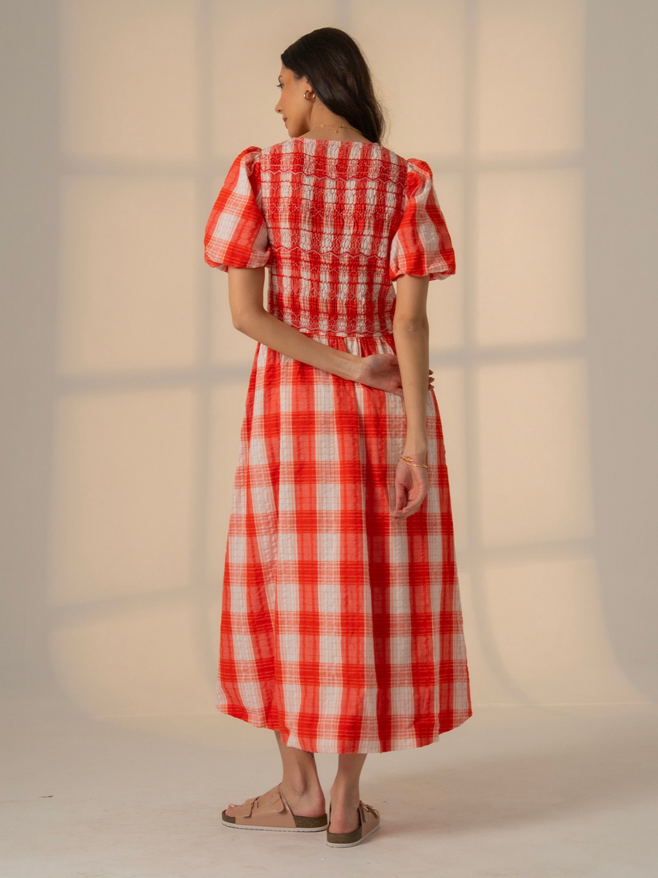 Nella Coral White Check Smock Midi Dress With Embroidery