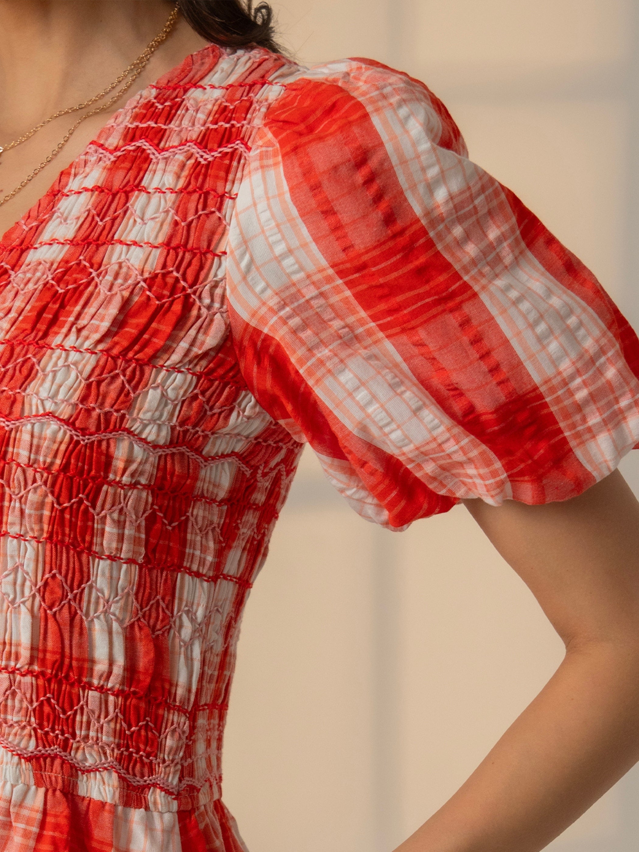 Nella Coral White Check Smock Midi Dress With Embroidery