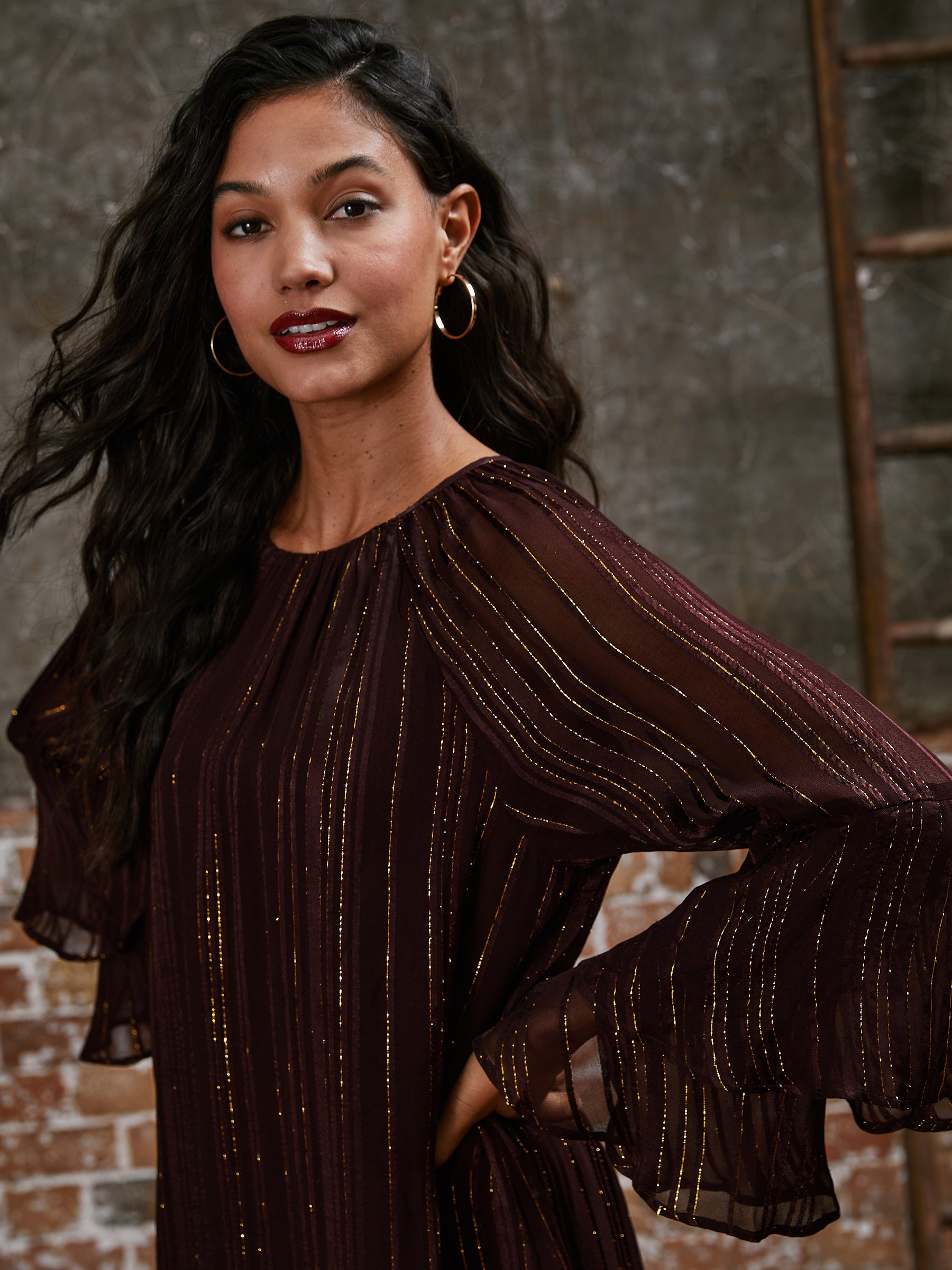 Kaia Burgundy Flute Sleeve Mini Dress