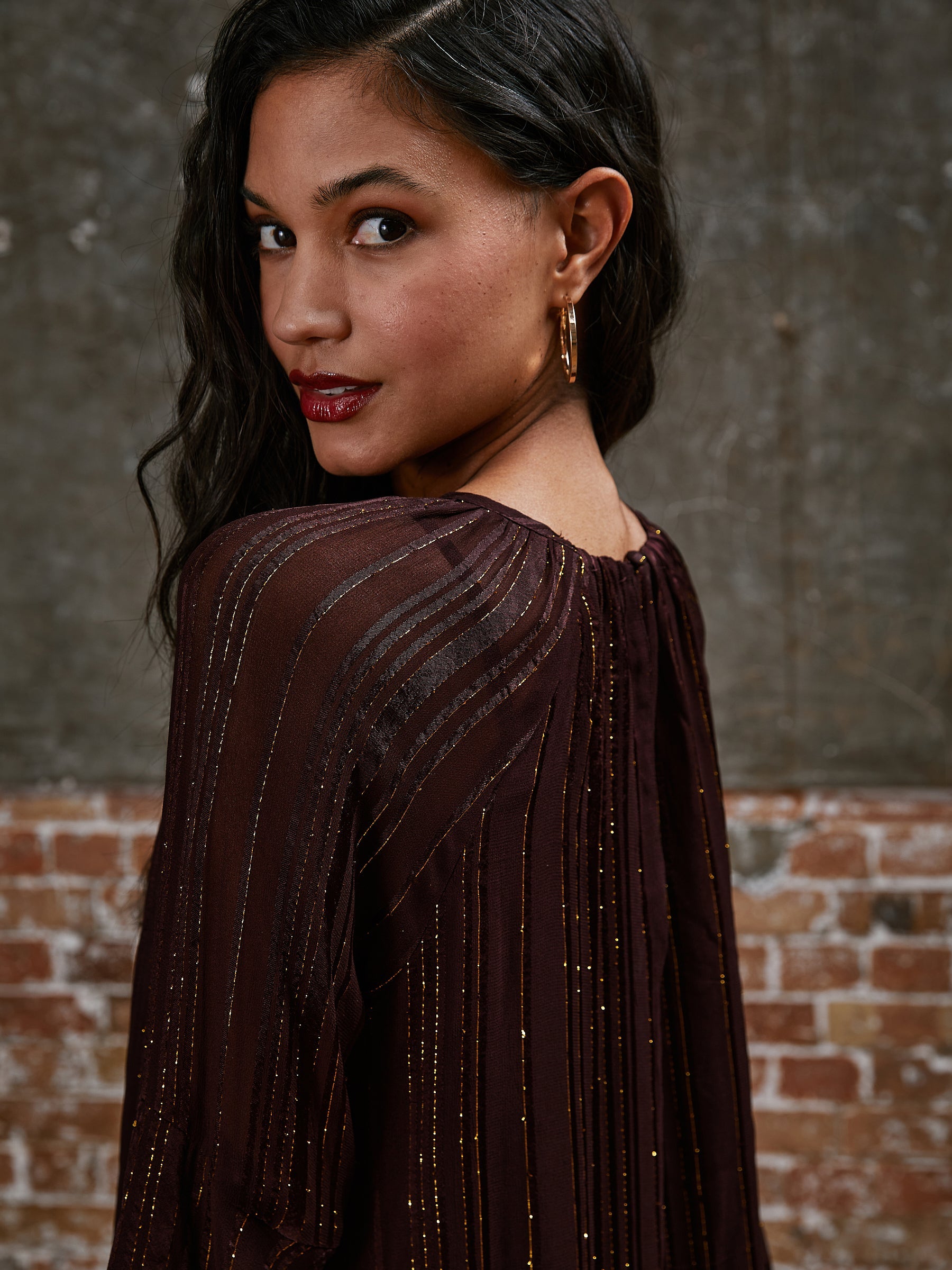 Kaia Burgundy Flute Sleeve Mini Dress