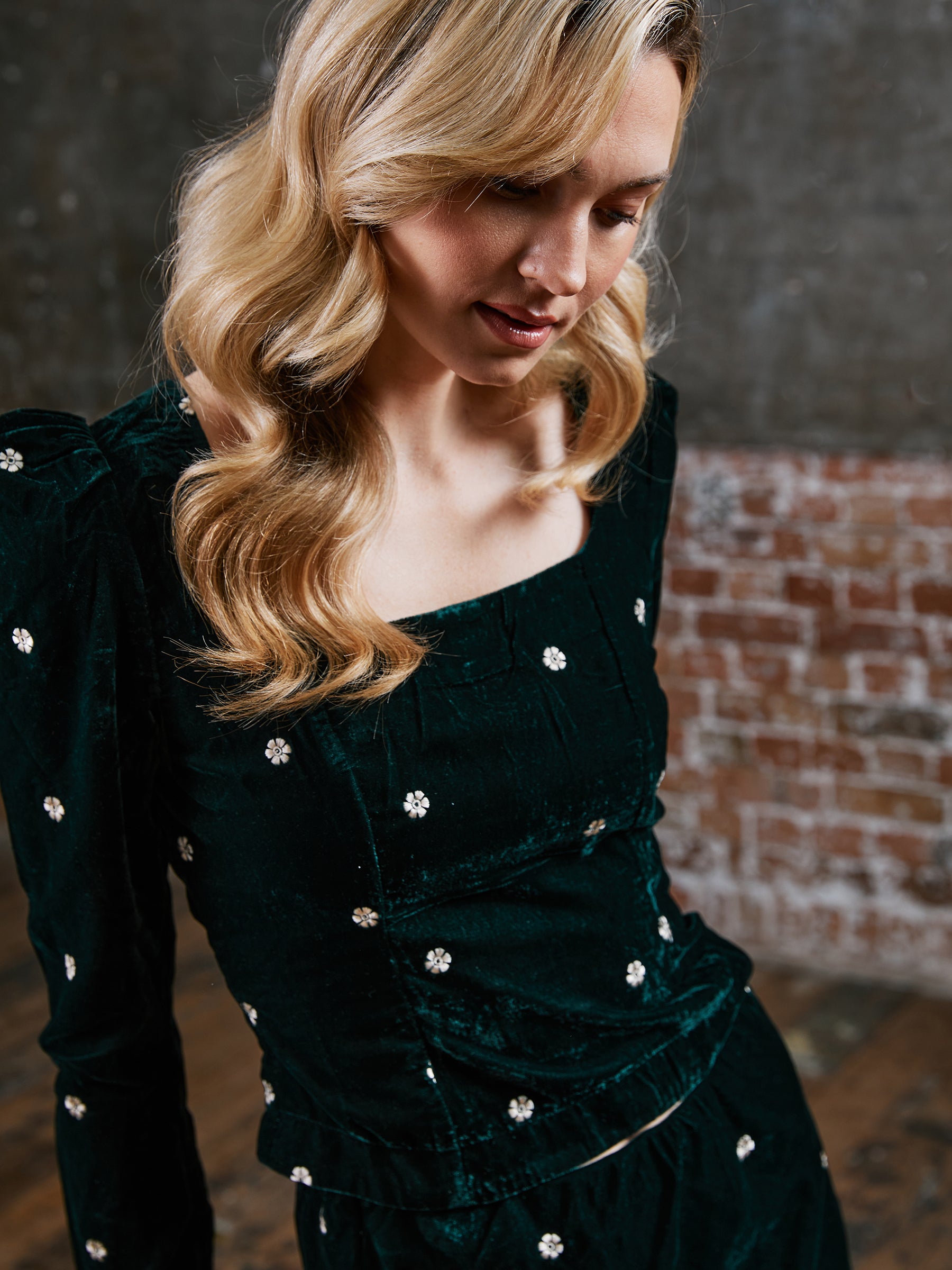 Mila Green Velvet Embroidered Top