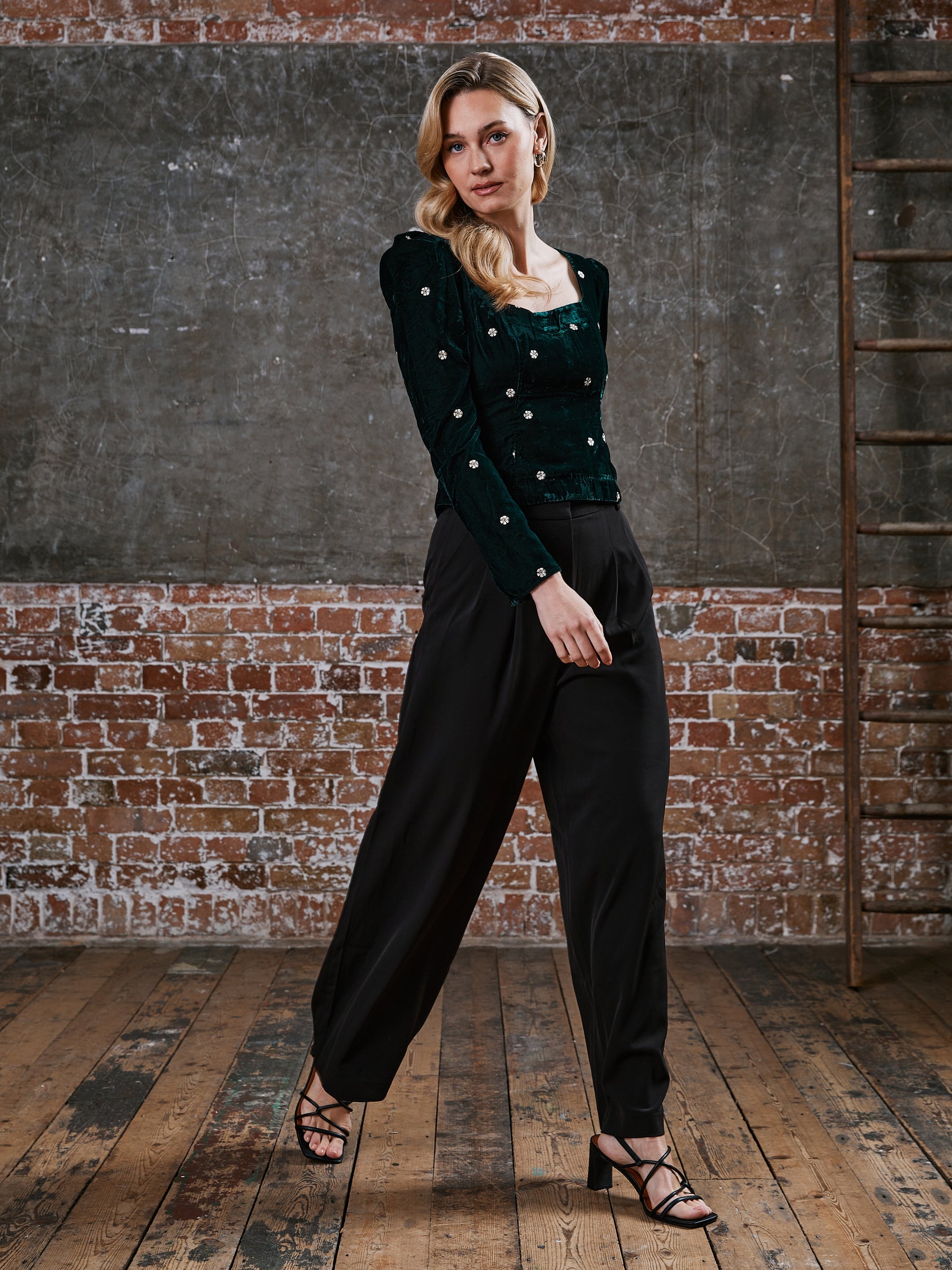 Mila Green Velvet Embroidered Top