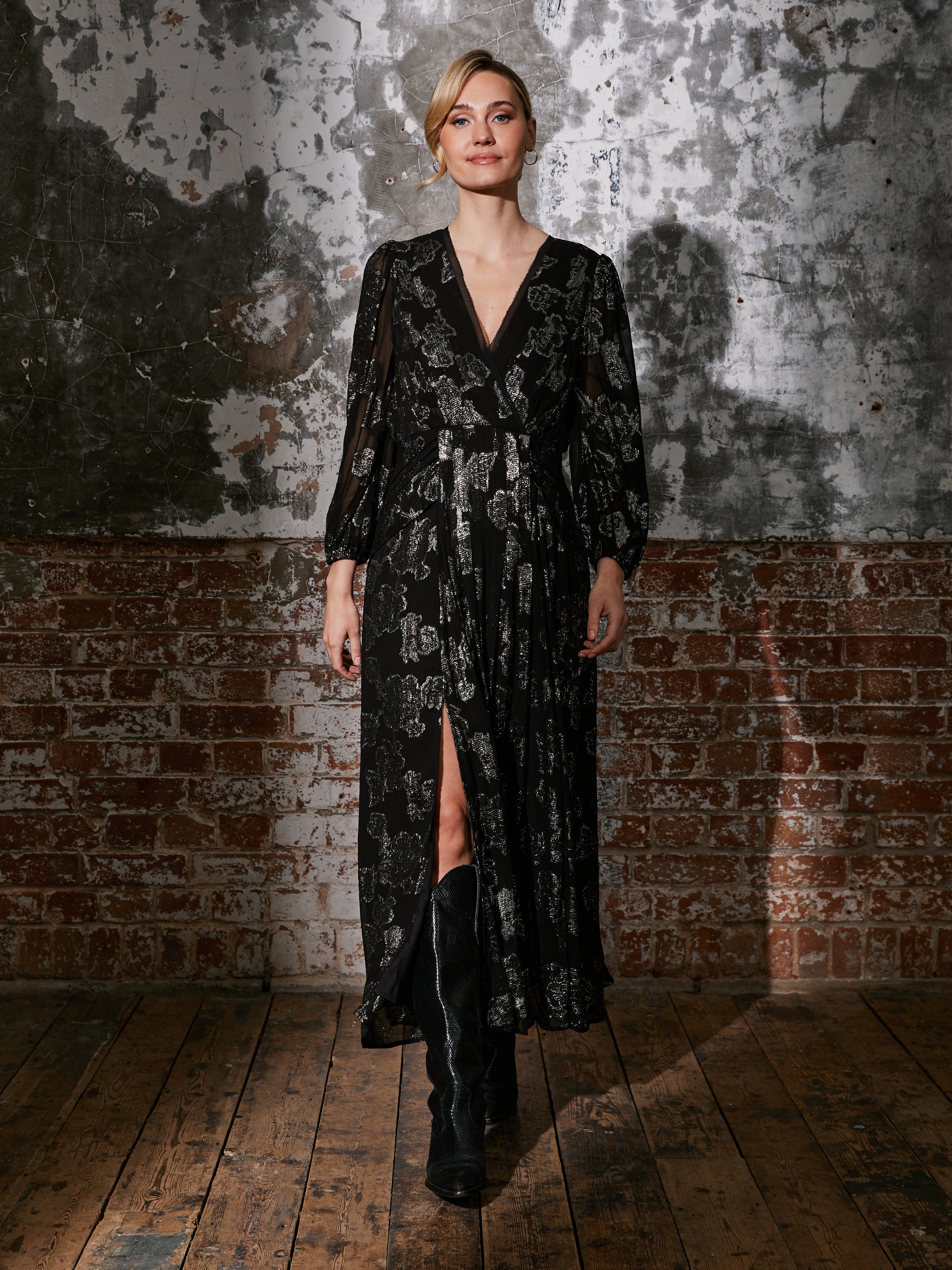 Dahlia Black Silver Midi Dress