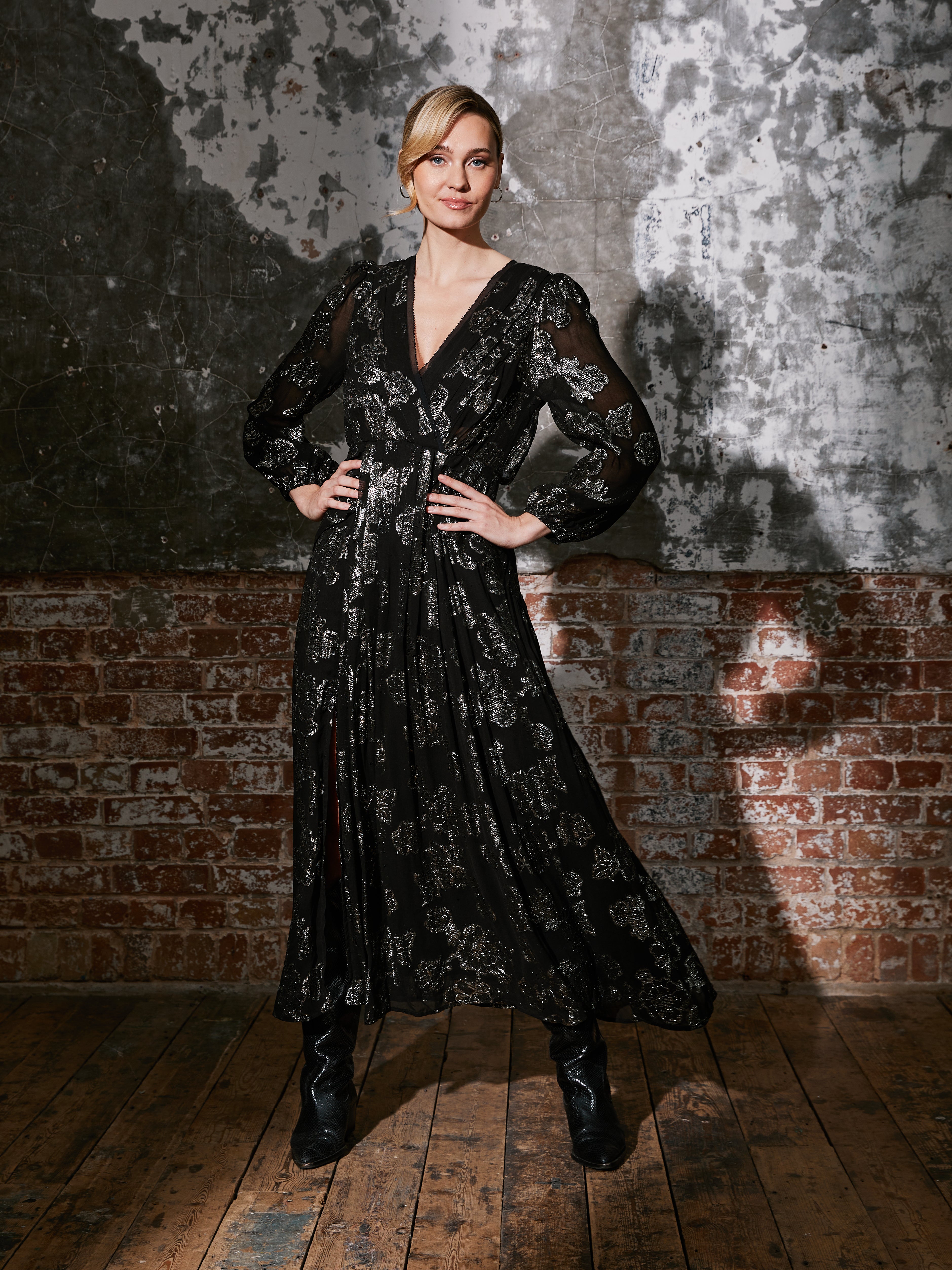 Dahlia Black Silver Midi Dress