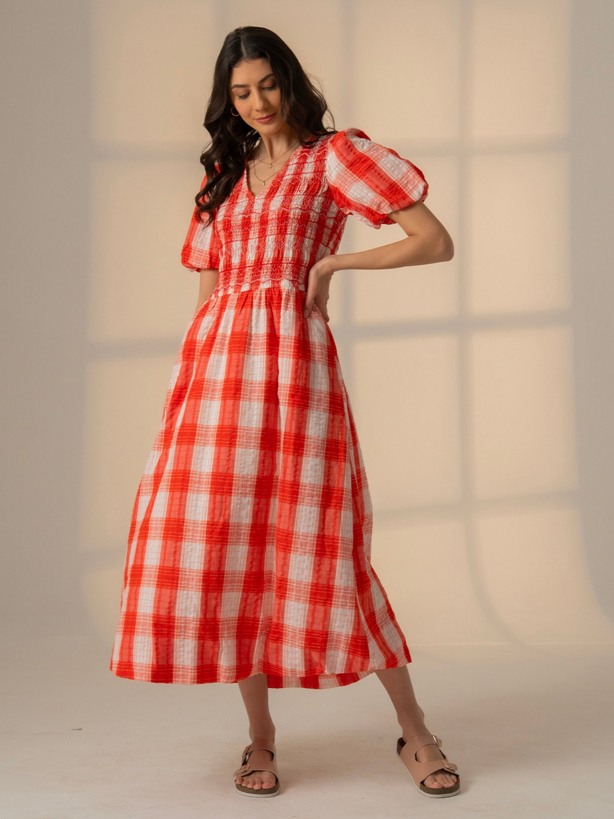 Nella Coral White Check Smock Midi Dress With Embroidery