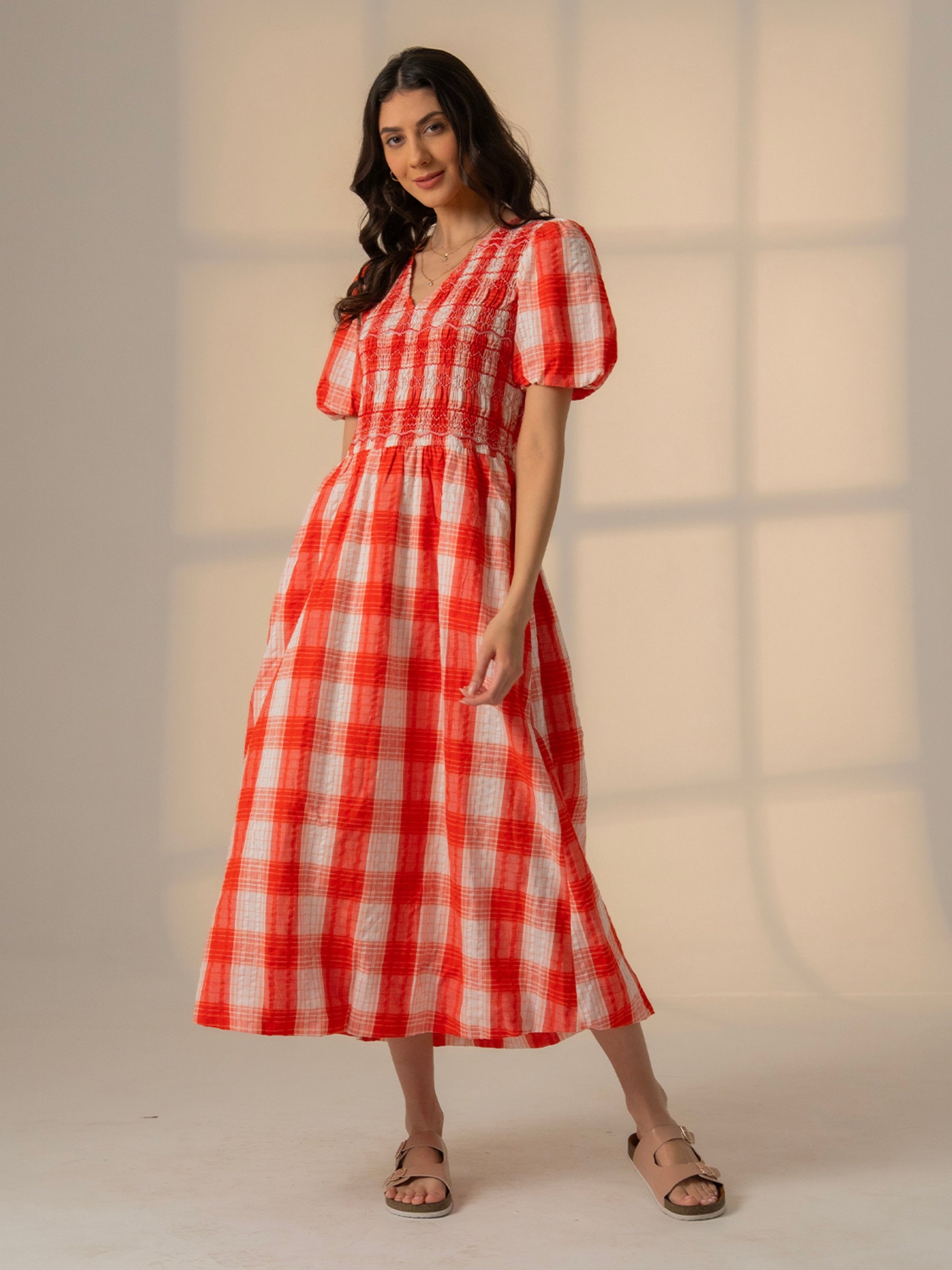 Nella Coral White Check Smock Midi Dress With Embroidery