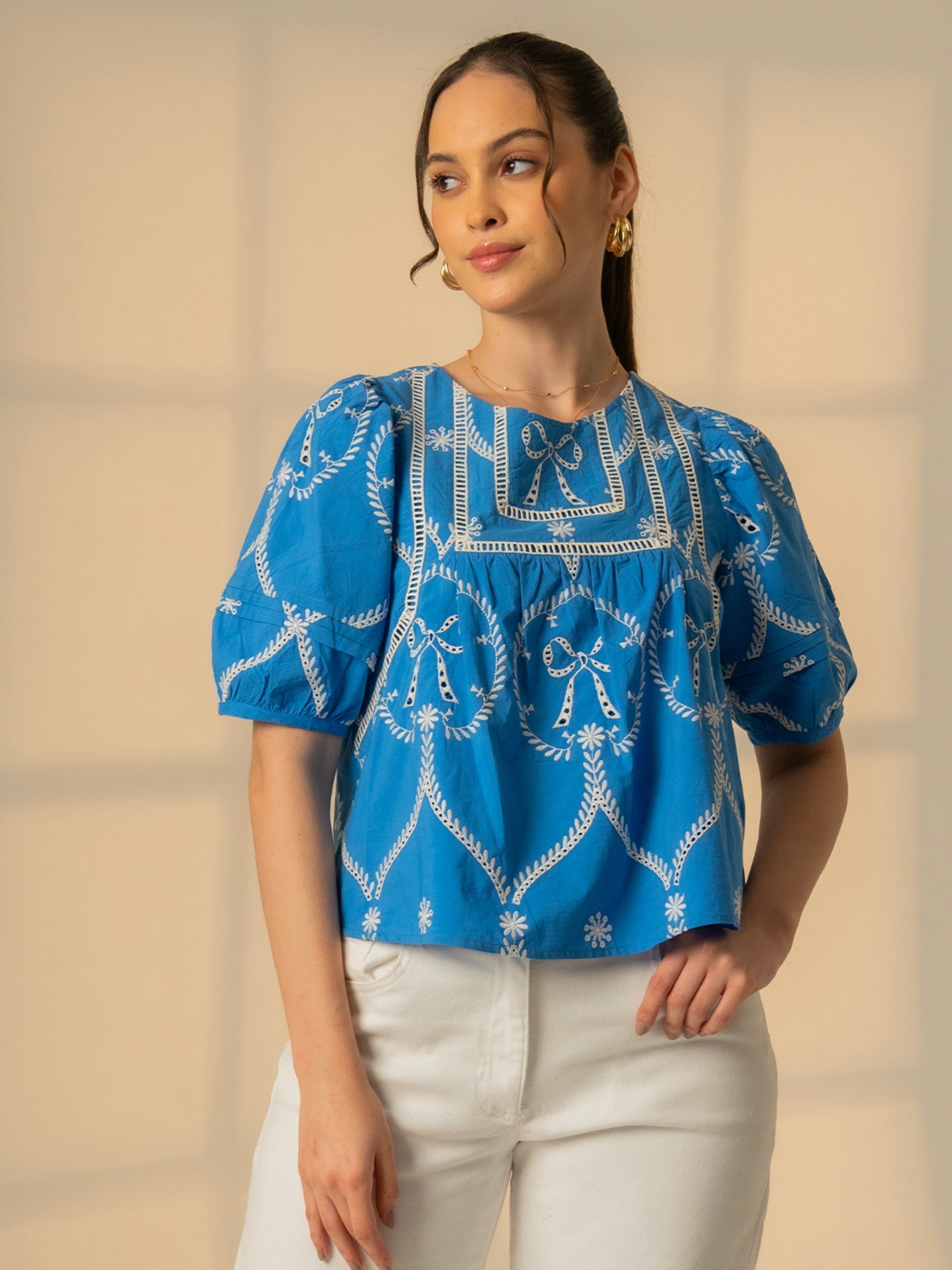 Charlie Embroidered Bow Blue Blouse