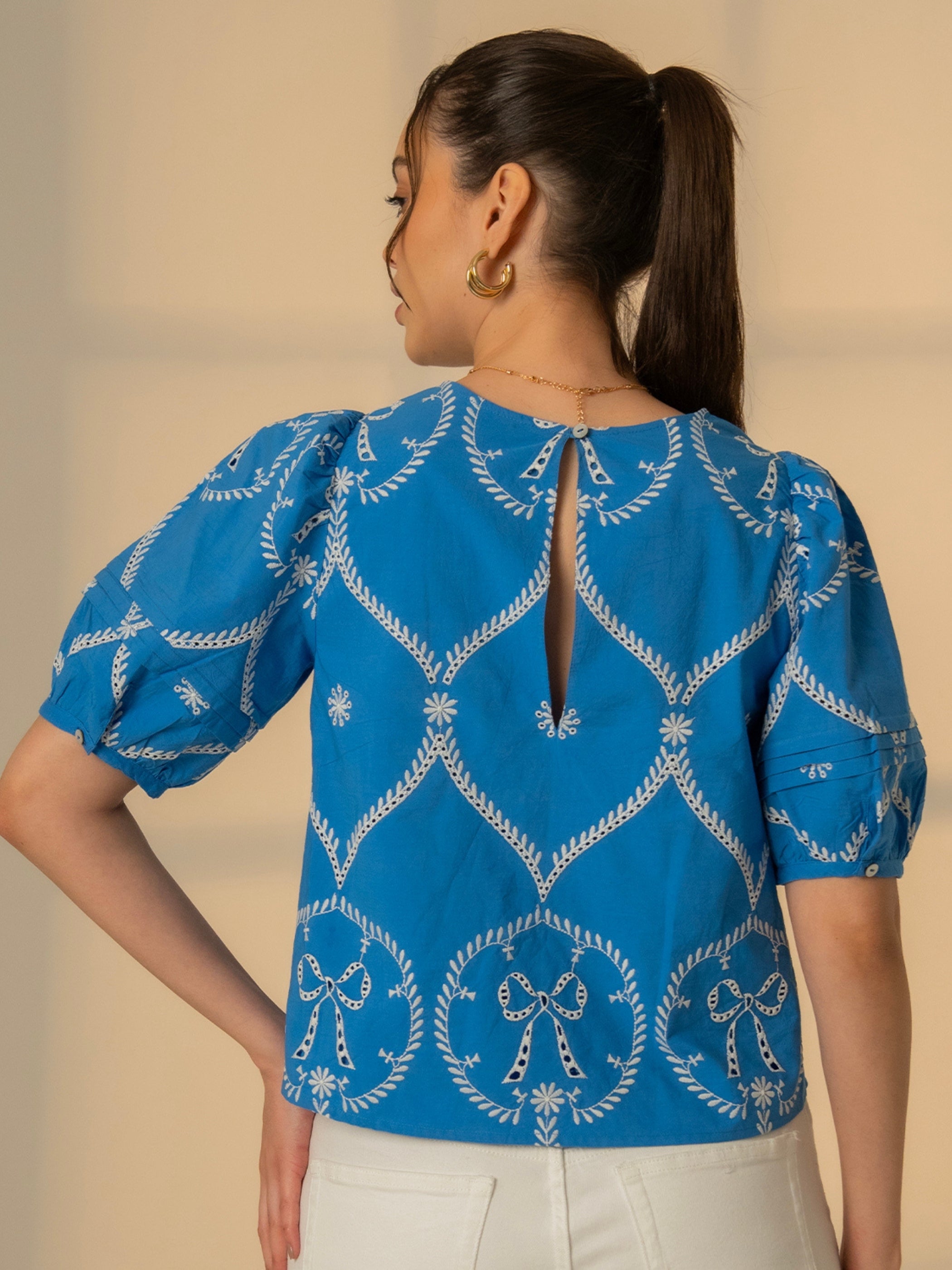 Charlie Embroidered Bow Blue Blouse