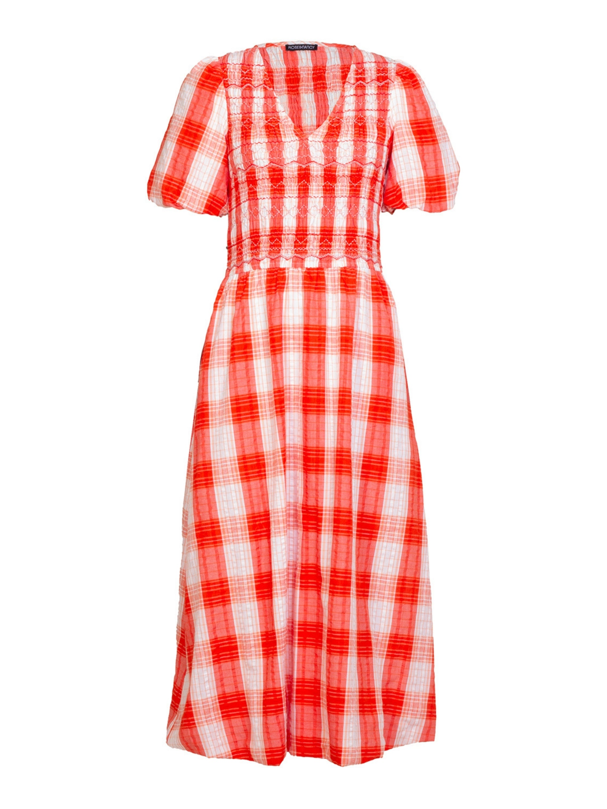 Nella Coral White Check Smock Midi Dress With Embroidery