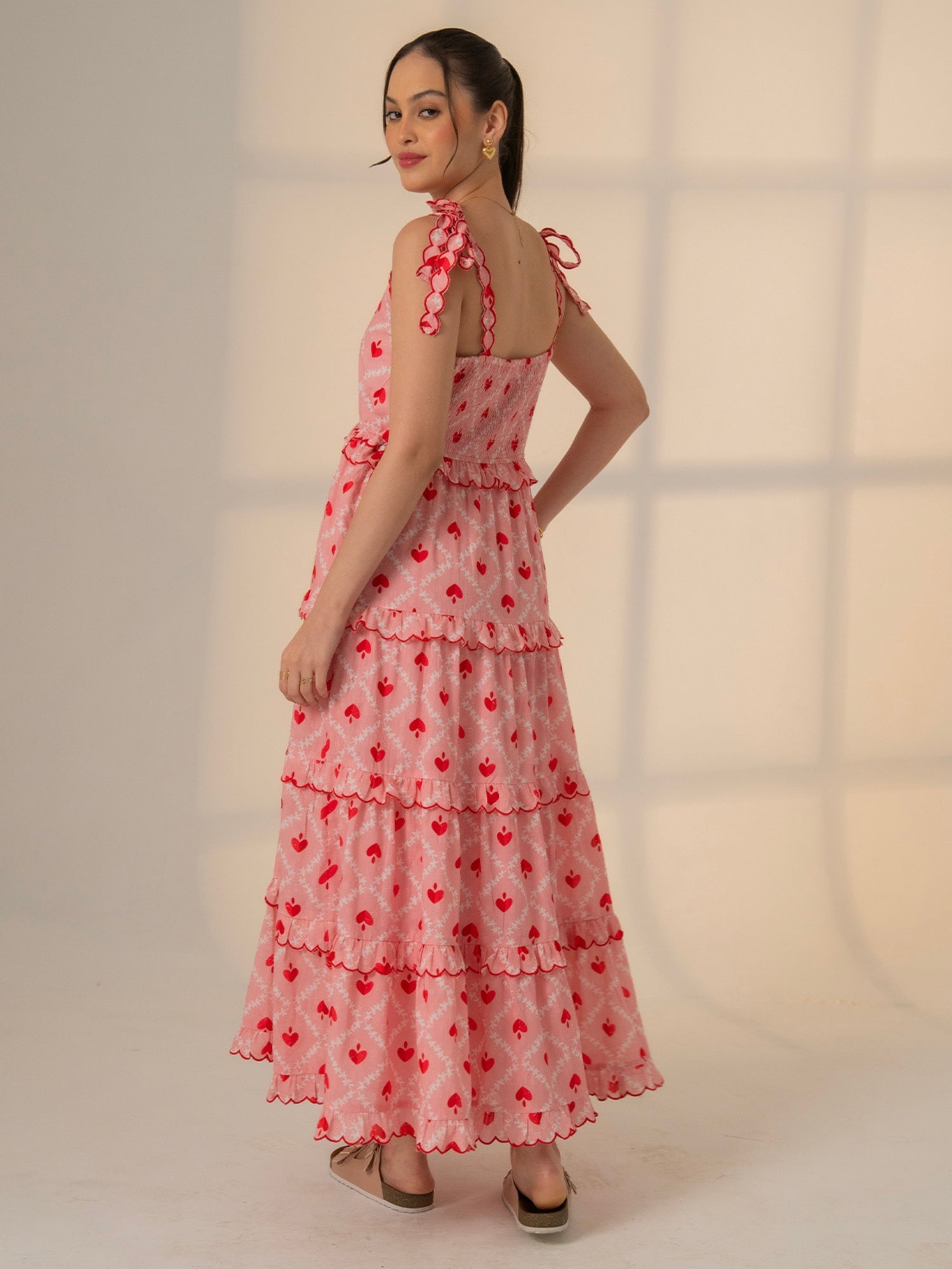 Alice Pink Red Heart Print Tiered Maxi Dress