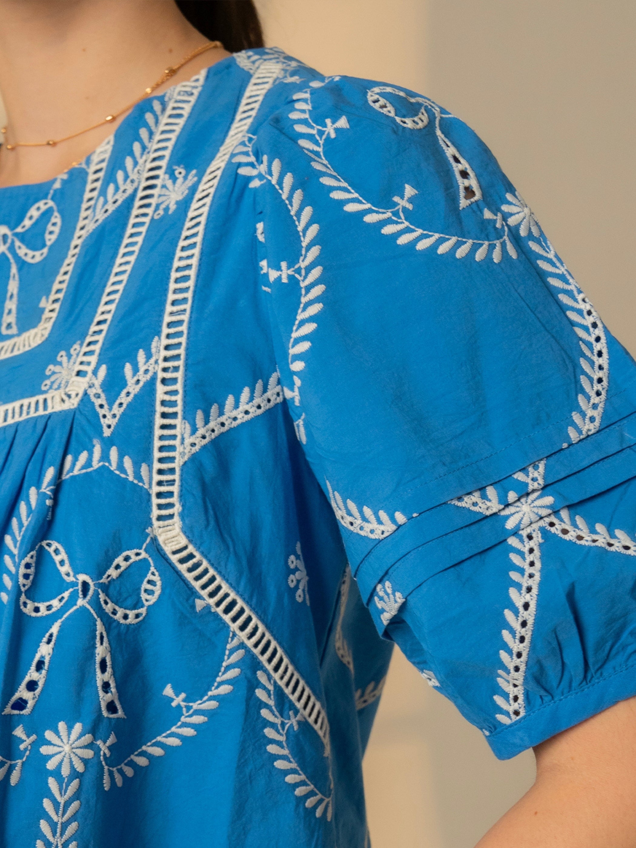 Charlie Embroidered Bow Blue Blouse