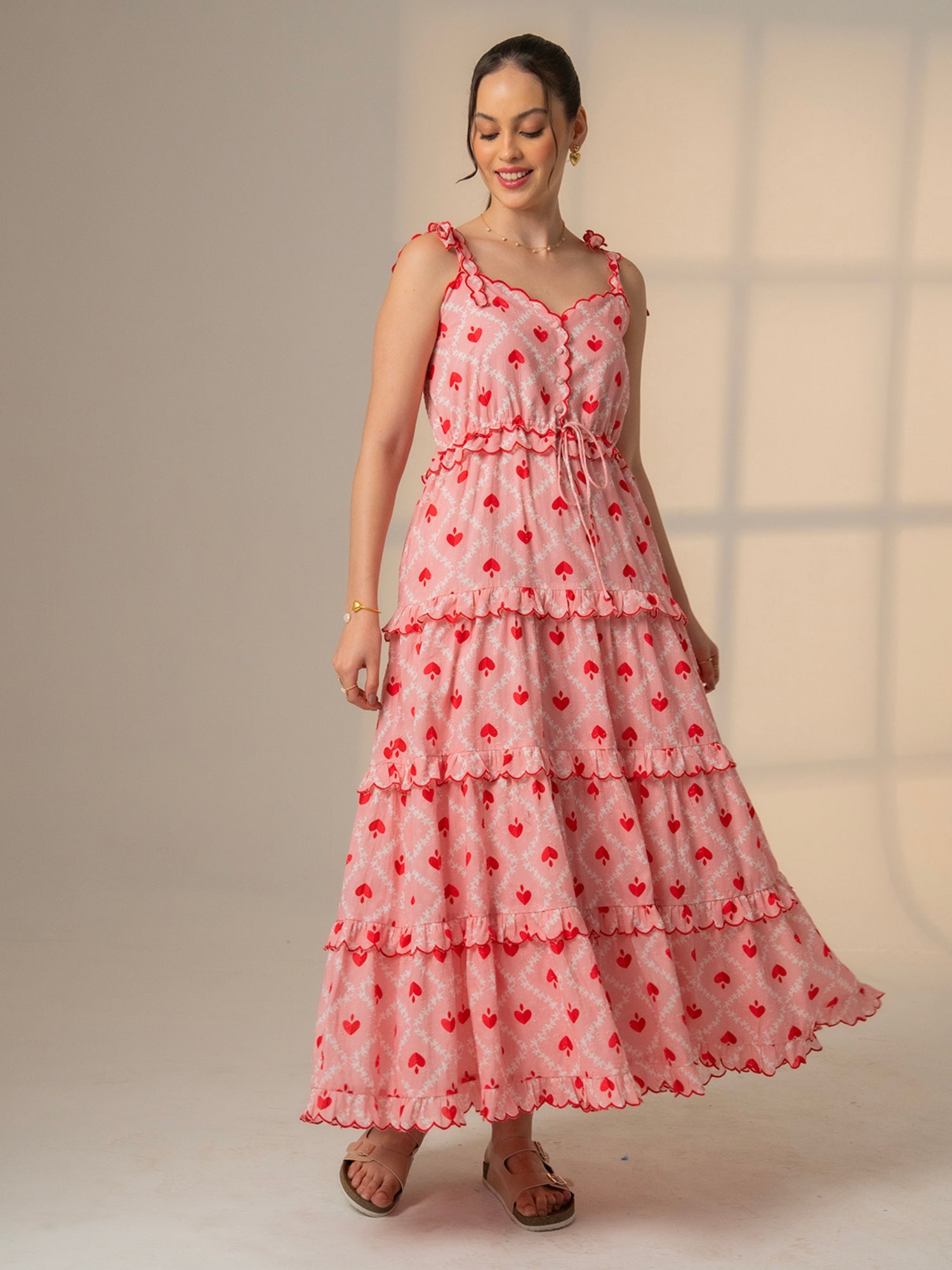 Alice Pink Red Heart Print Tiered Maxi Dress