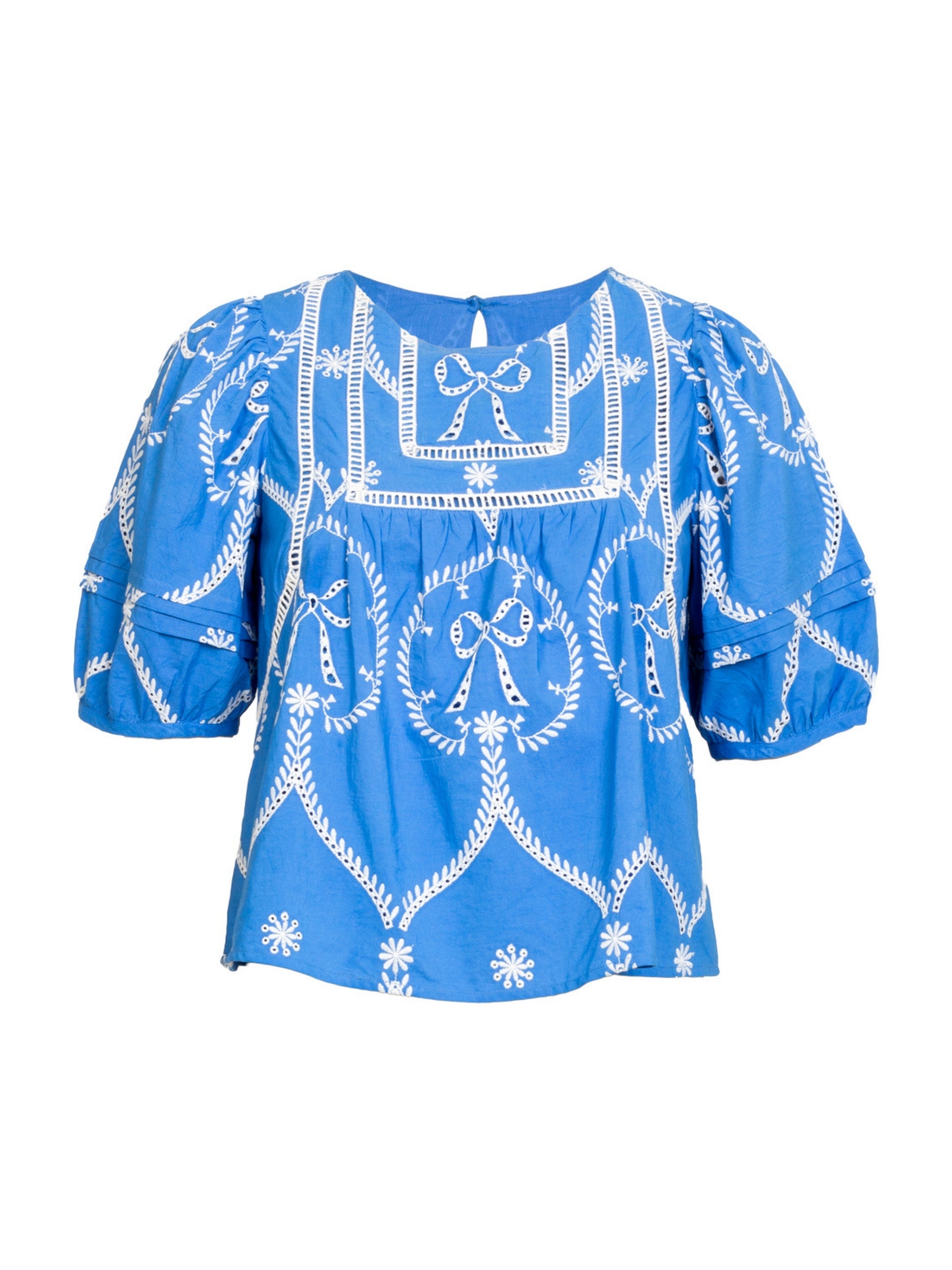 Charlie Embroidered Bow Blue Blouse