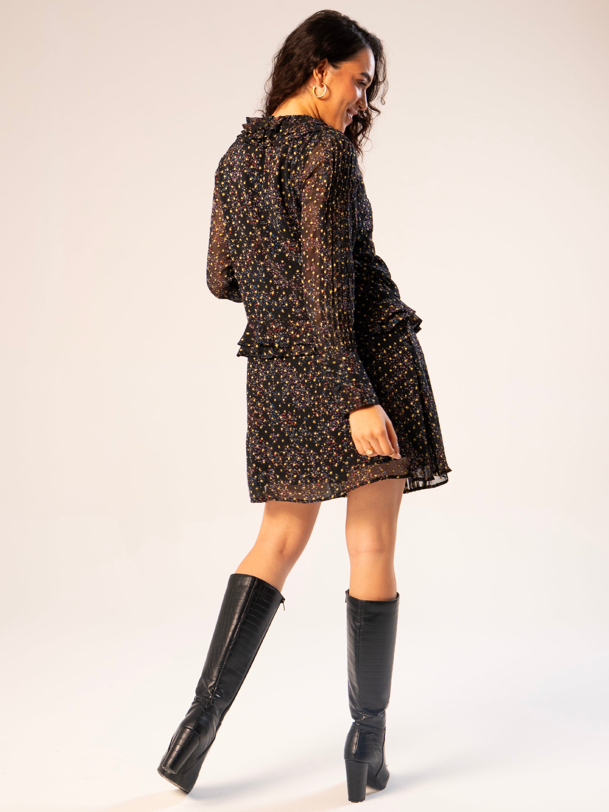 Tara Black Star Print Metallic Polka Dot Mini Dress