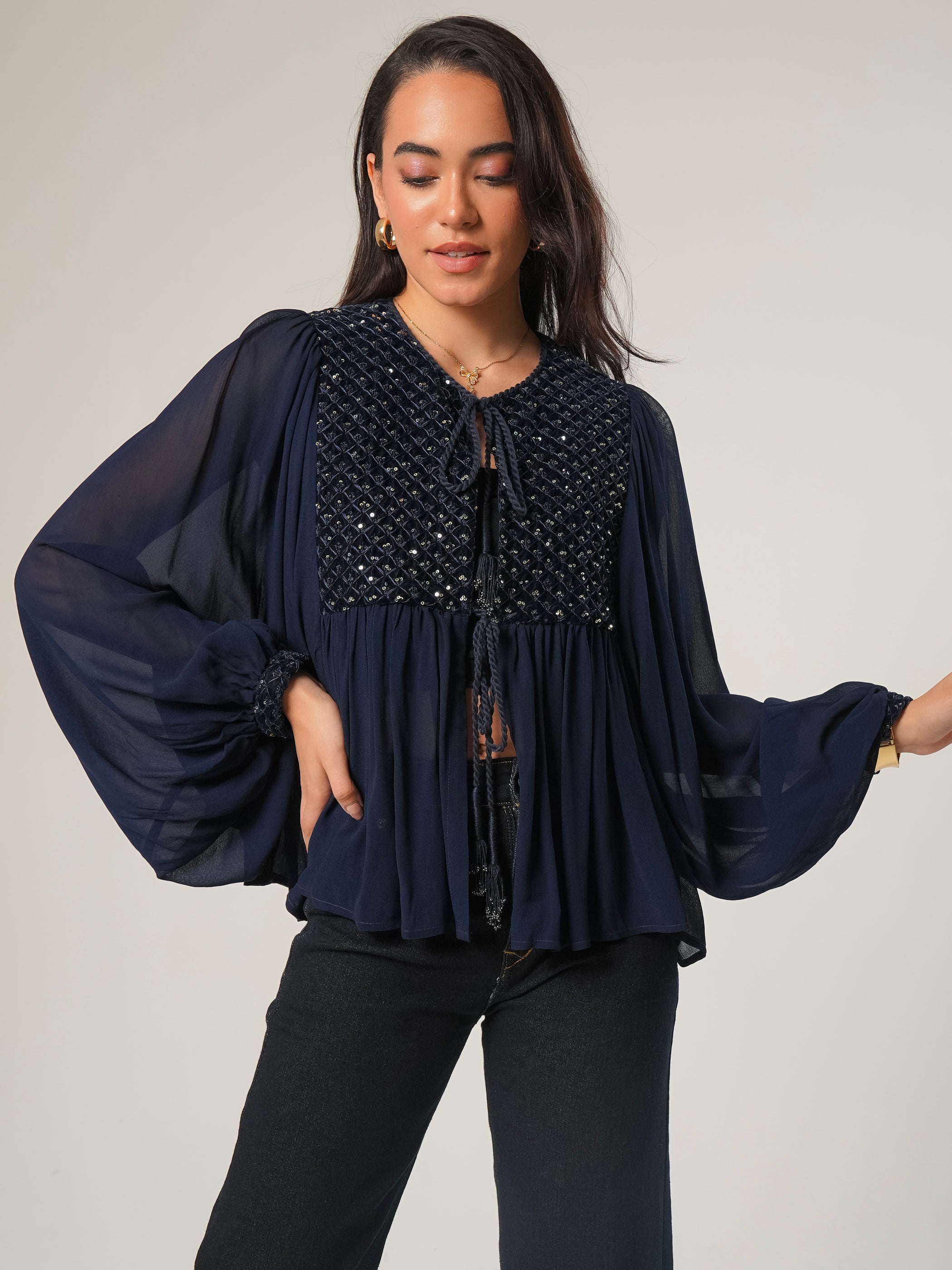 Arianna Dark Navy Velvet Sequin Panel throw-on tie Blouse