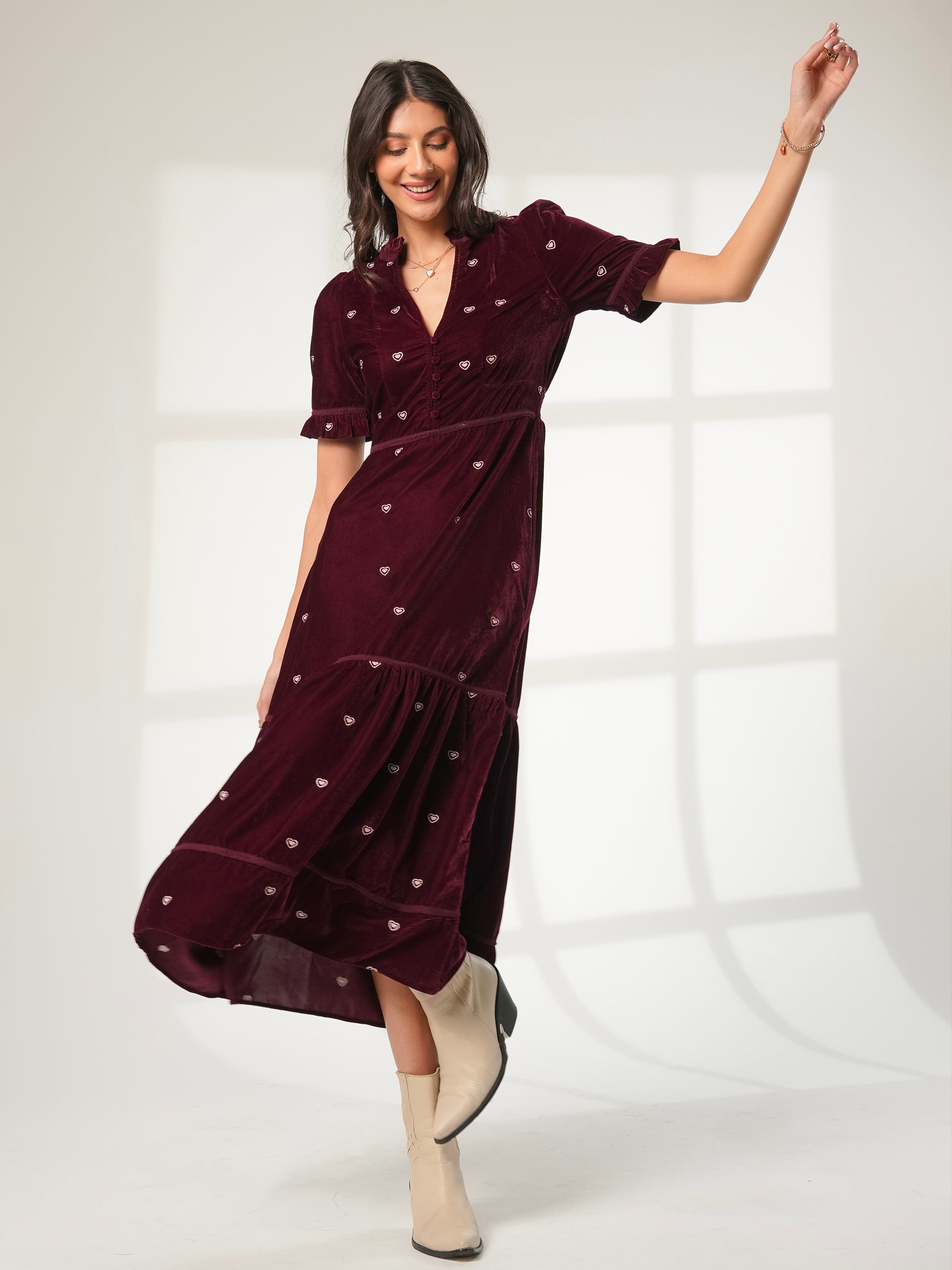 Sara Burgundy Heart Embroidered Velvet Dress
