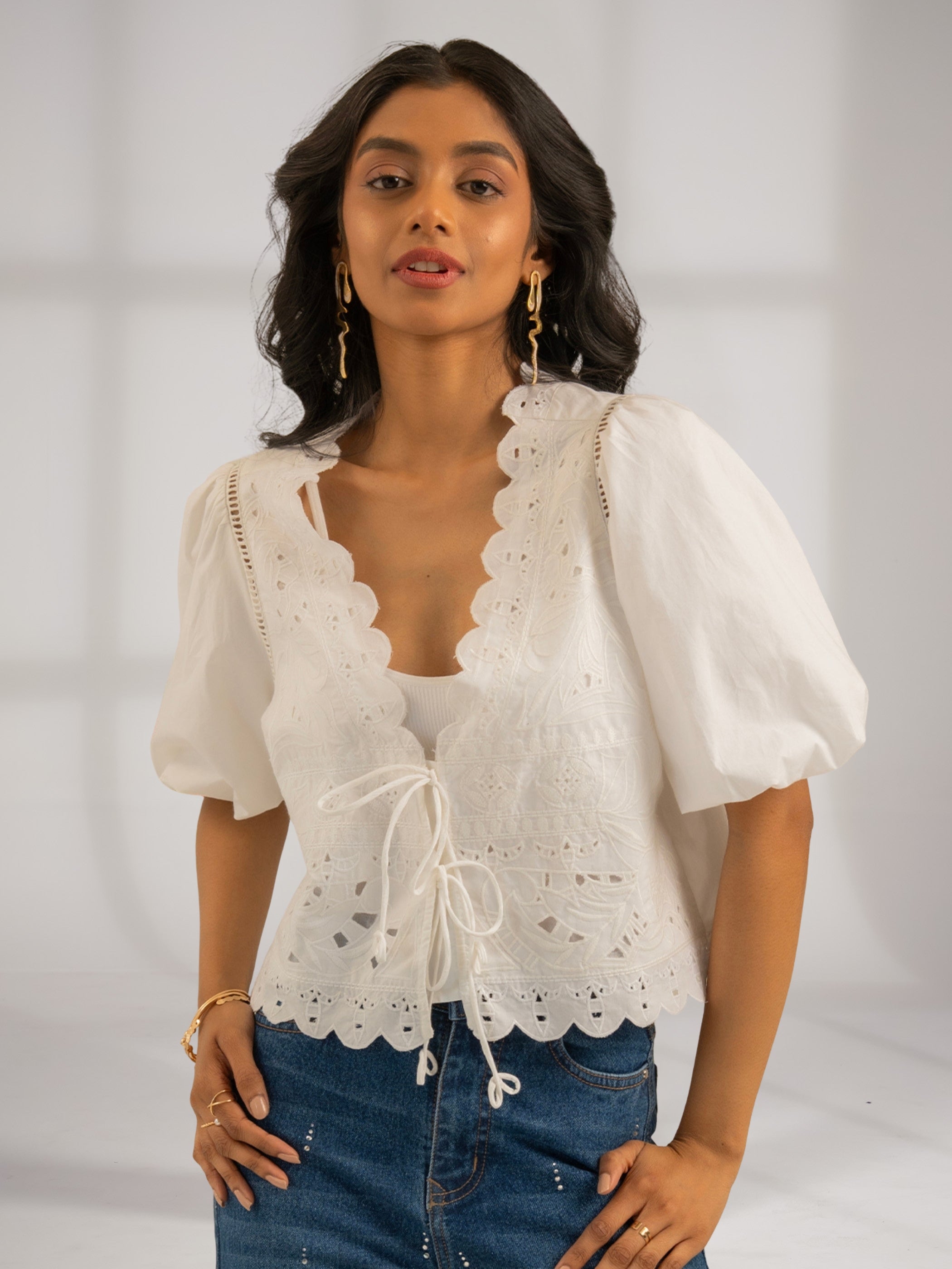 Emilie Embroidered White Tie Front Top