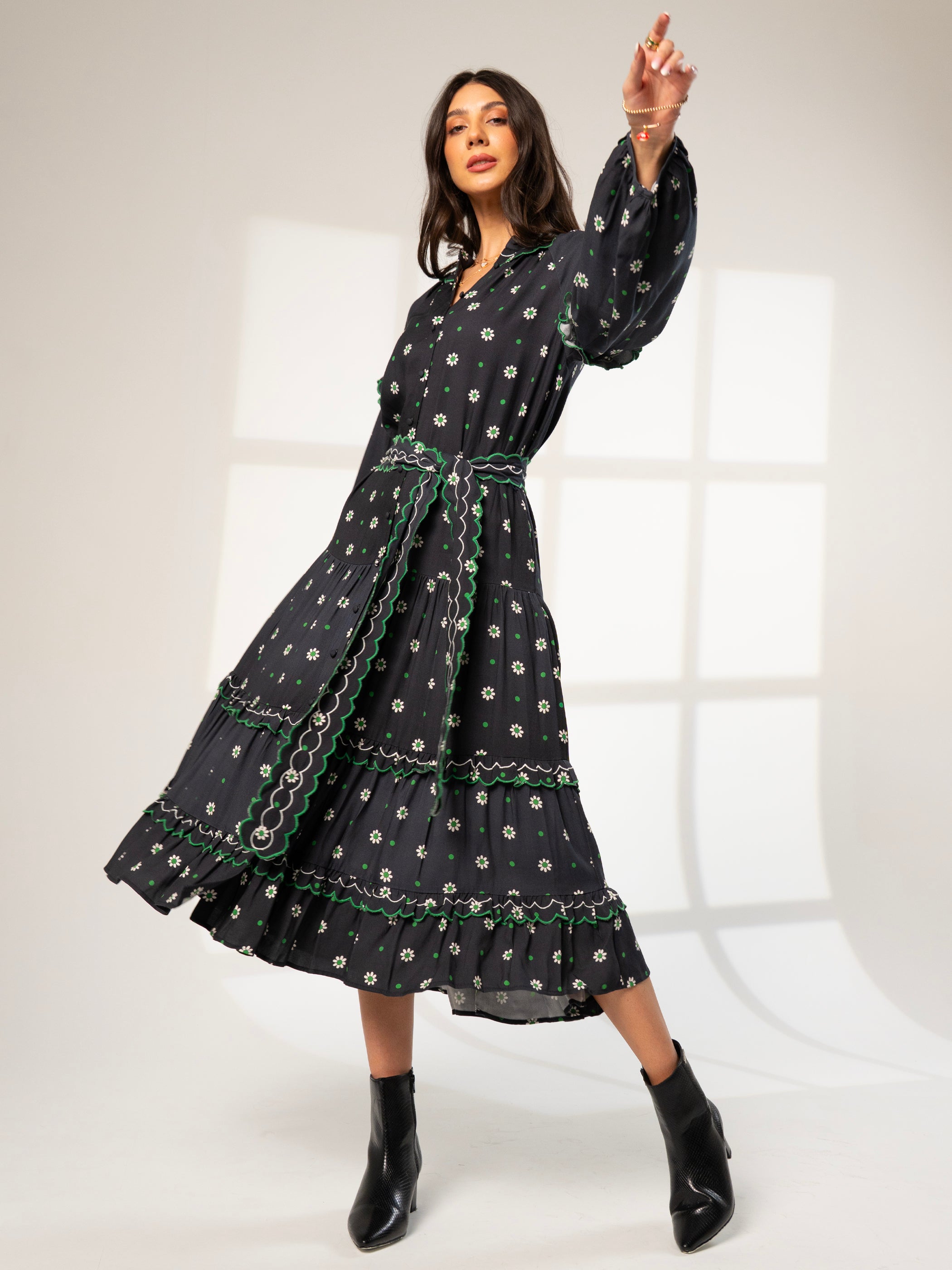 Joyce Black Daisy Polka Dot Midi Shirt Dress