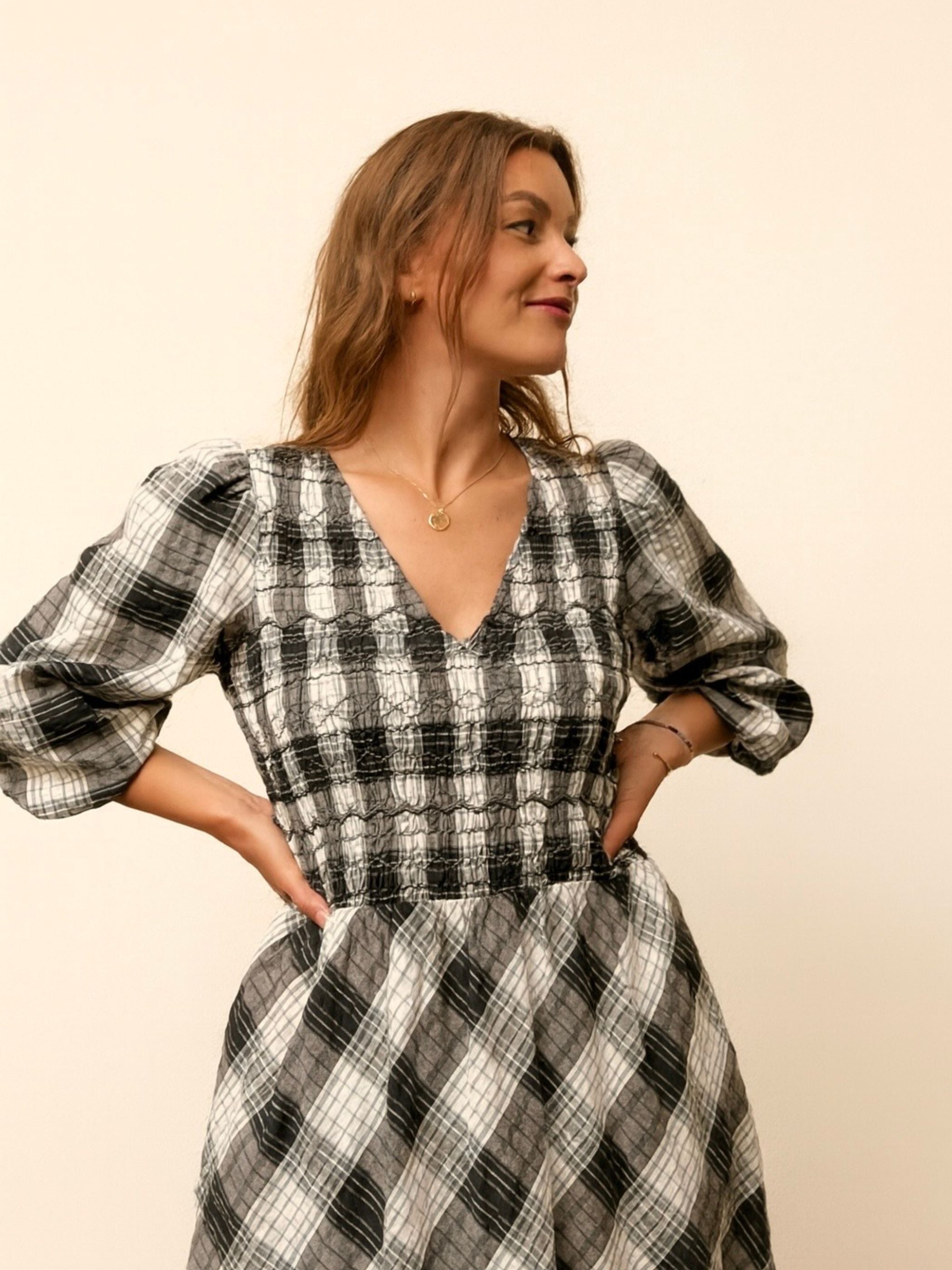 Nella Black and White Check Smocked Midi Dress