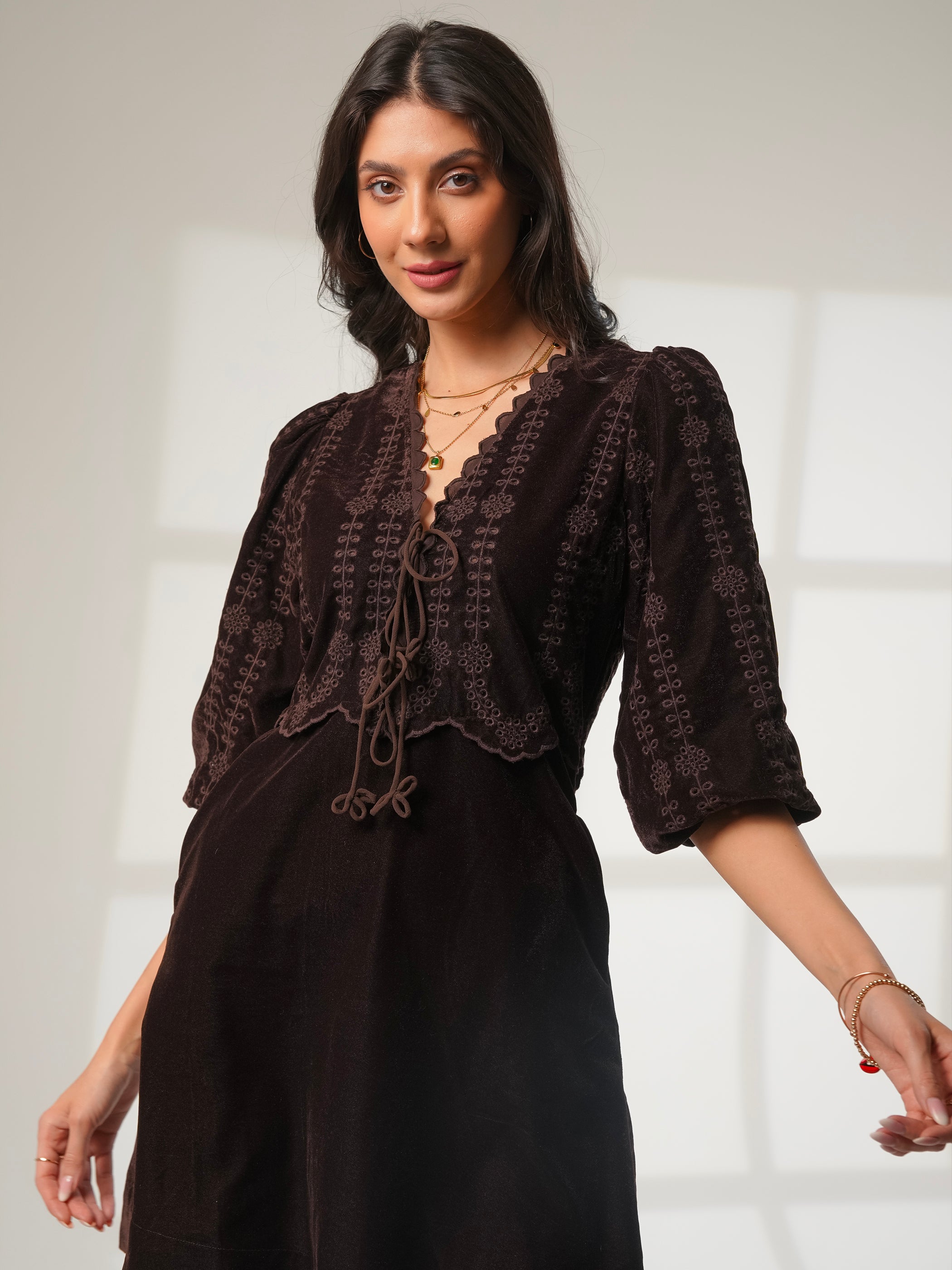 Drew Chocolate Brown Embroidered Velvet Tie Front Dress
