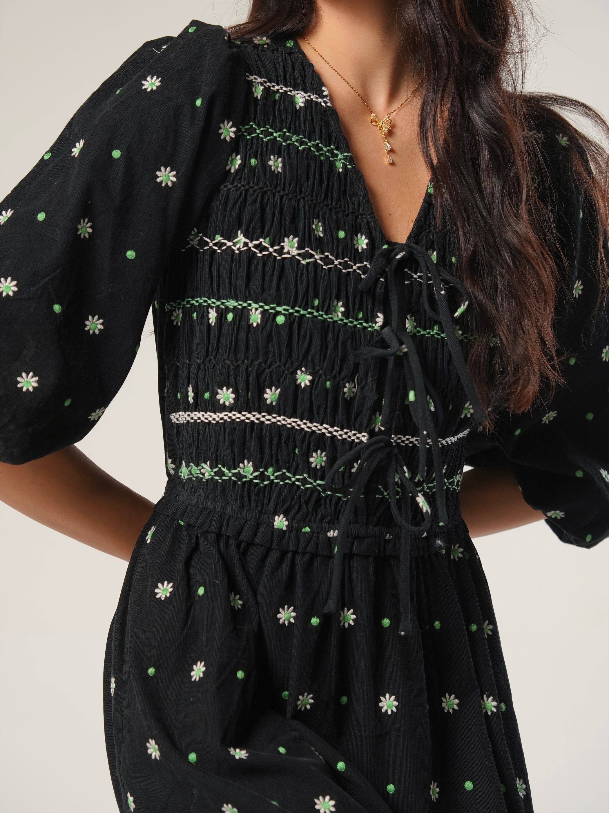 Eddie Black Cord Embroidered Polka Dot Maxi Dress