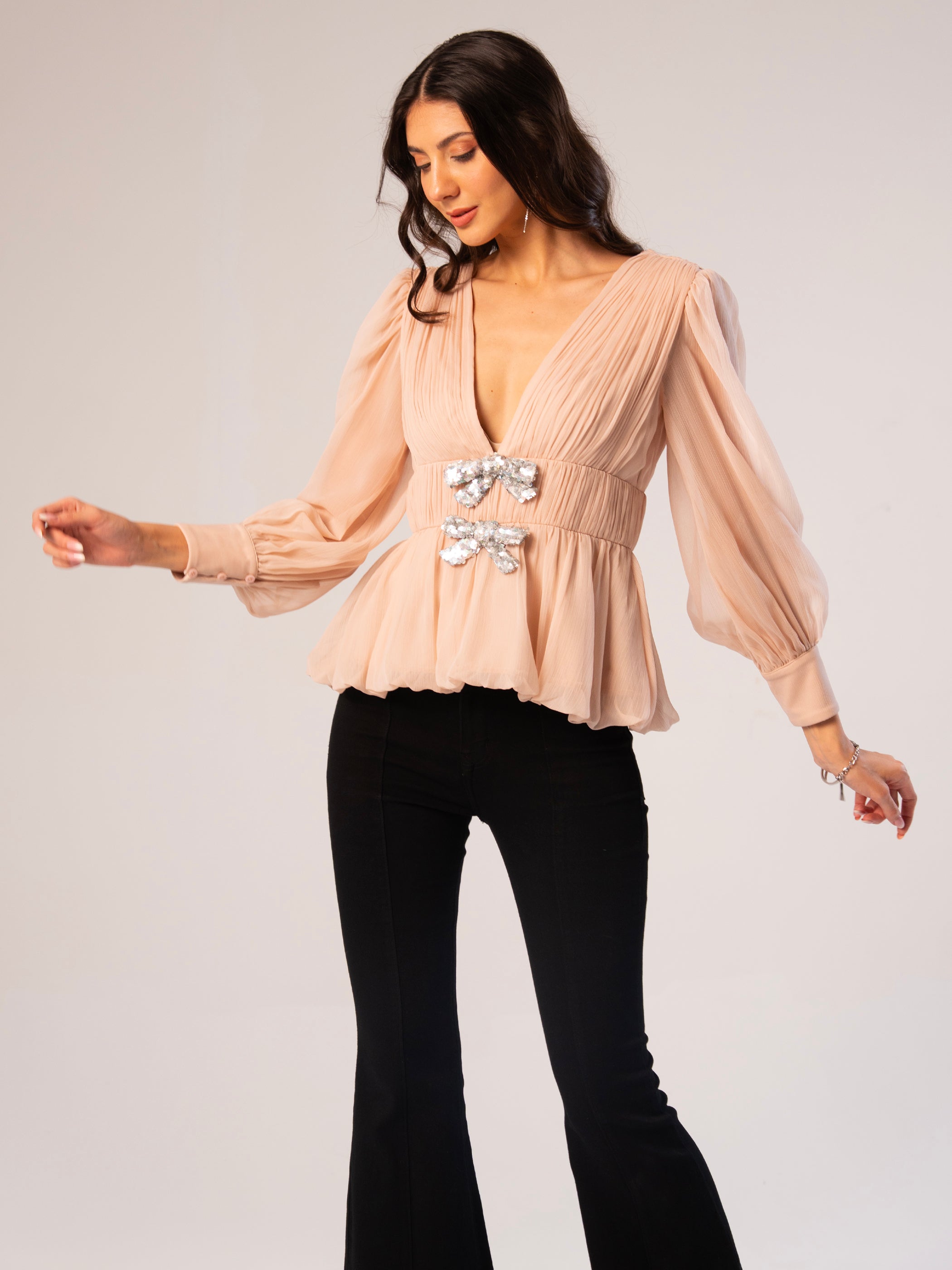 Anais Pink Hand Beaded Bow Blouse