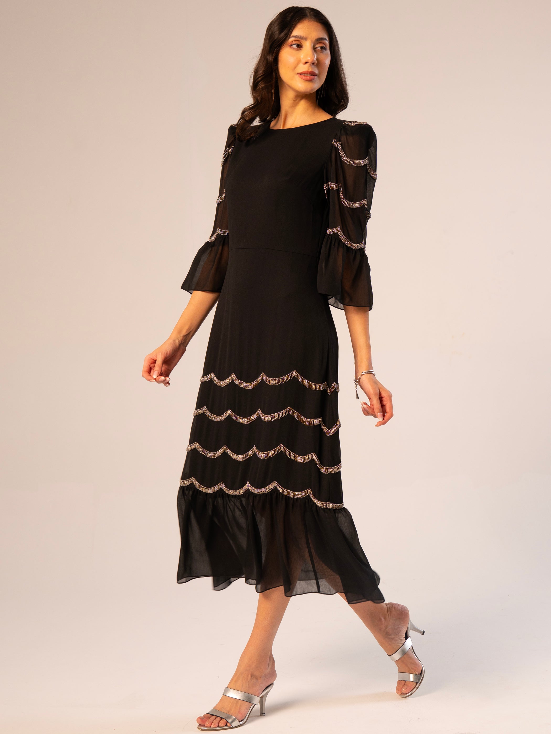 Georgie Black and Silver Scallop Bead Midi Dress