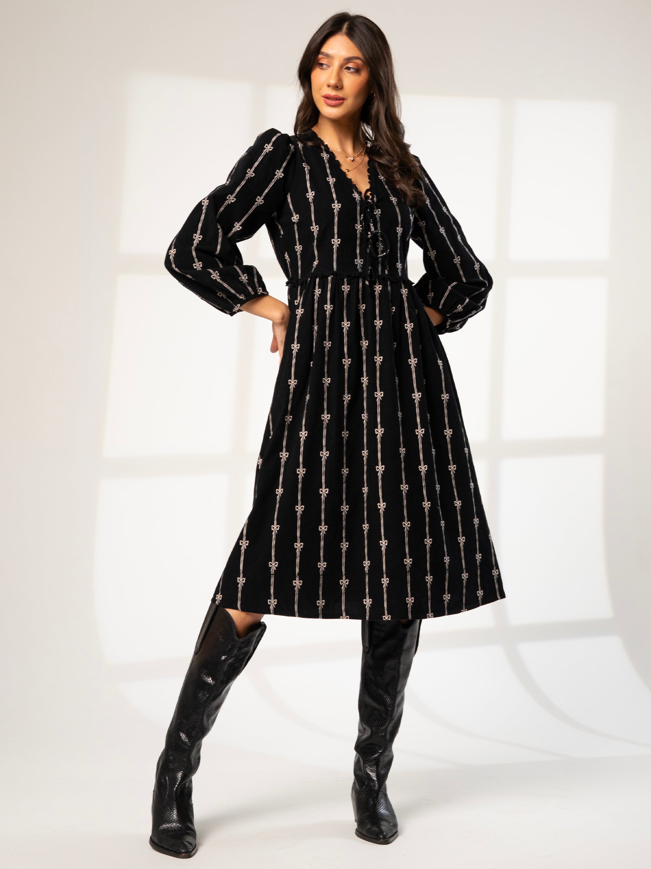 Beatrix Black Cord Embroidered Midi Dress