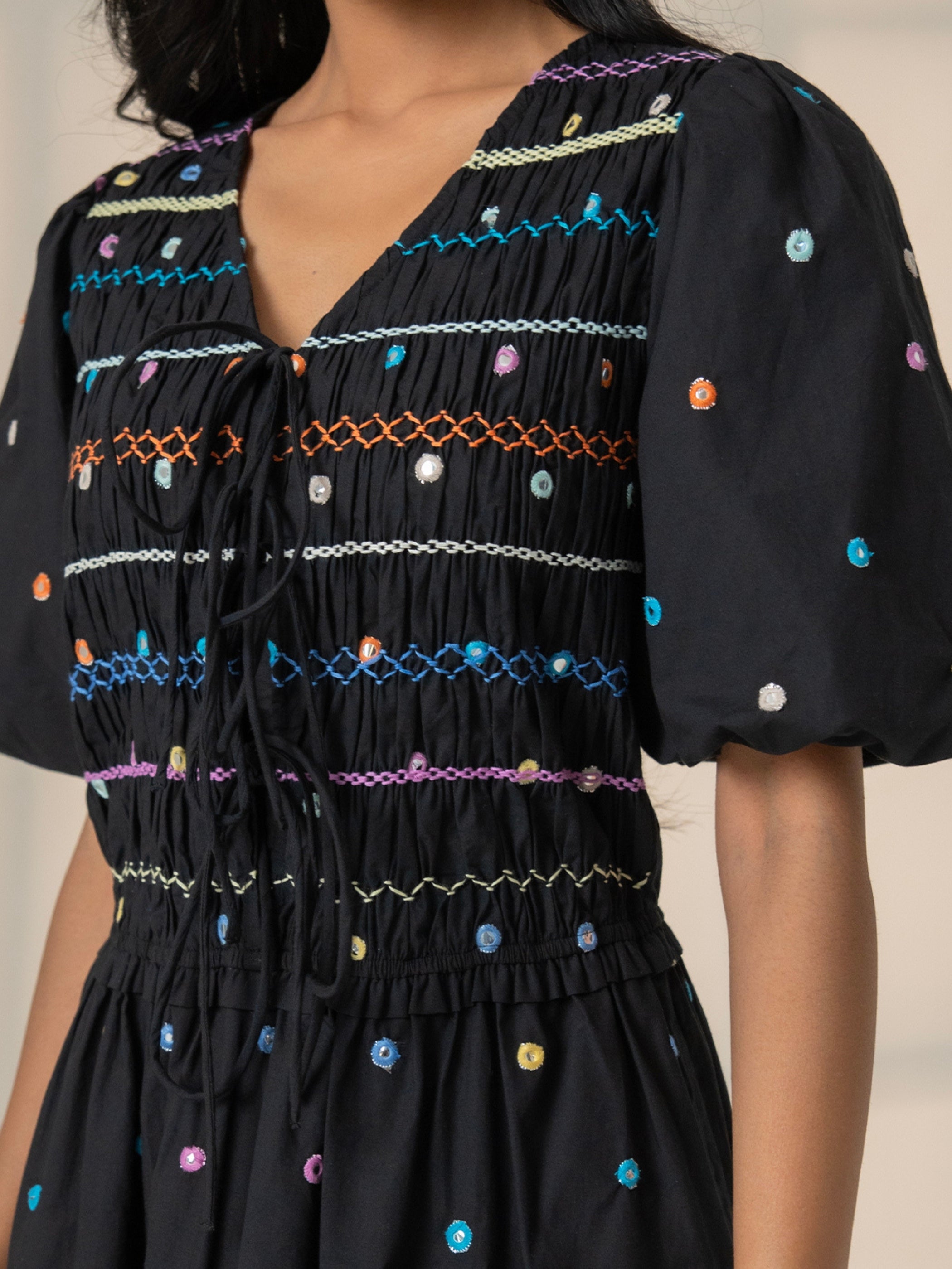 Eddie Black Multi Embroidered Smocked Maxi Dress