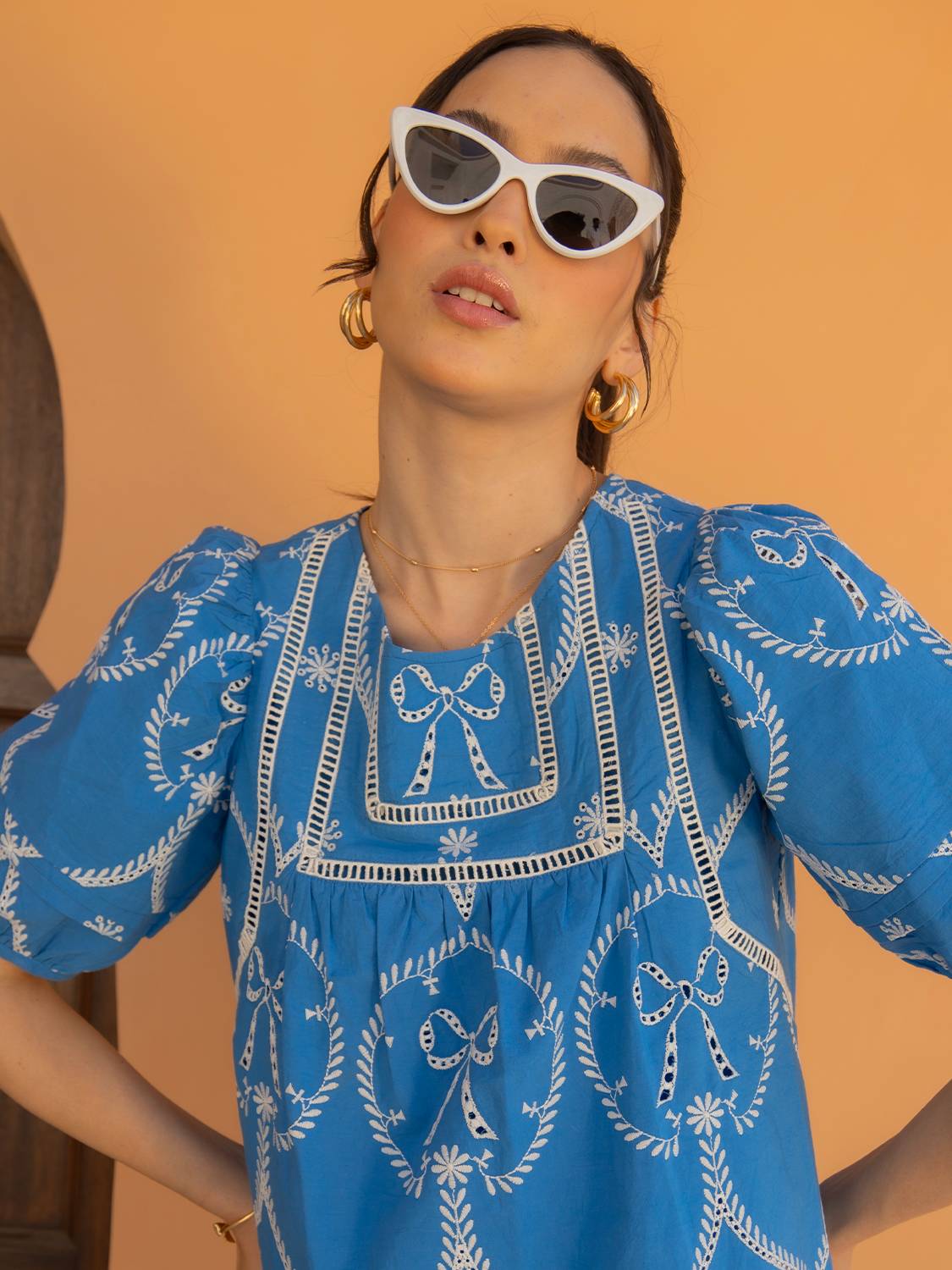 Charlie Embroidered Bow Blue Blouse