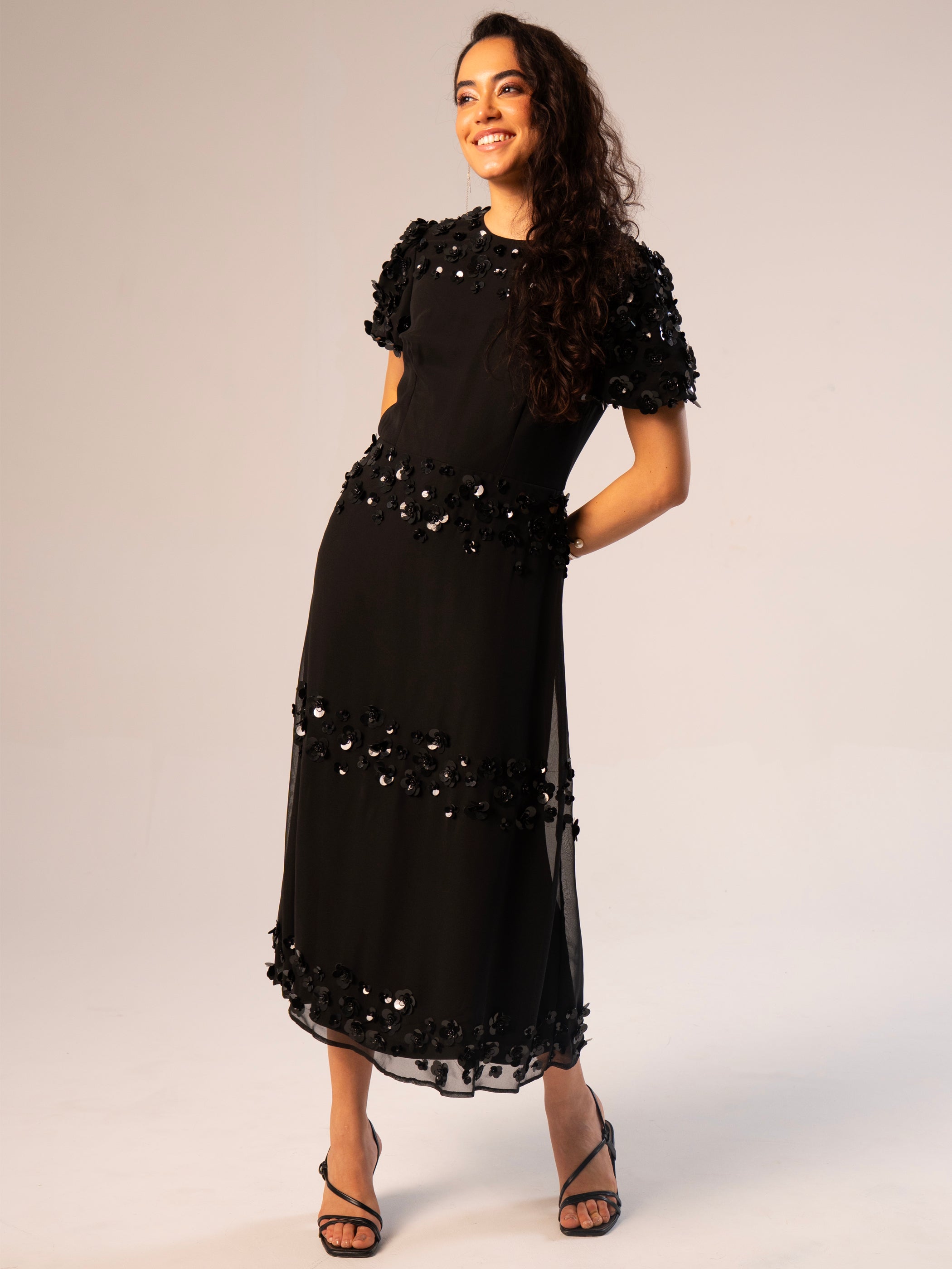 Morena Black Hand Embellished Midi Dress