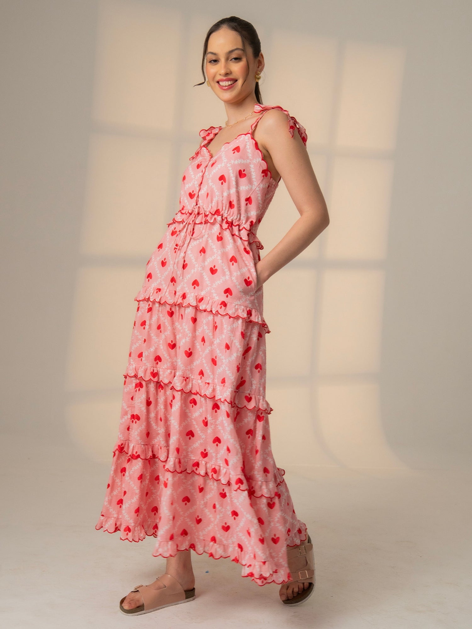 Alice Pink Red Heart Print Tiered Maxi Dress
