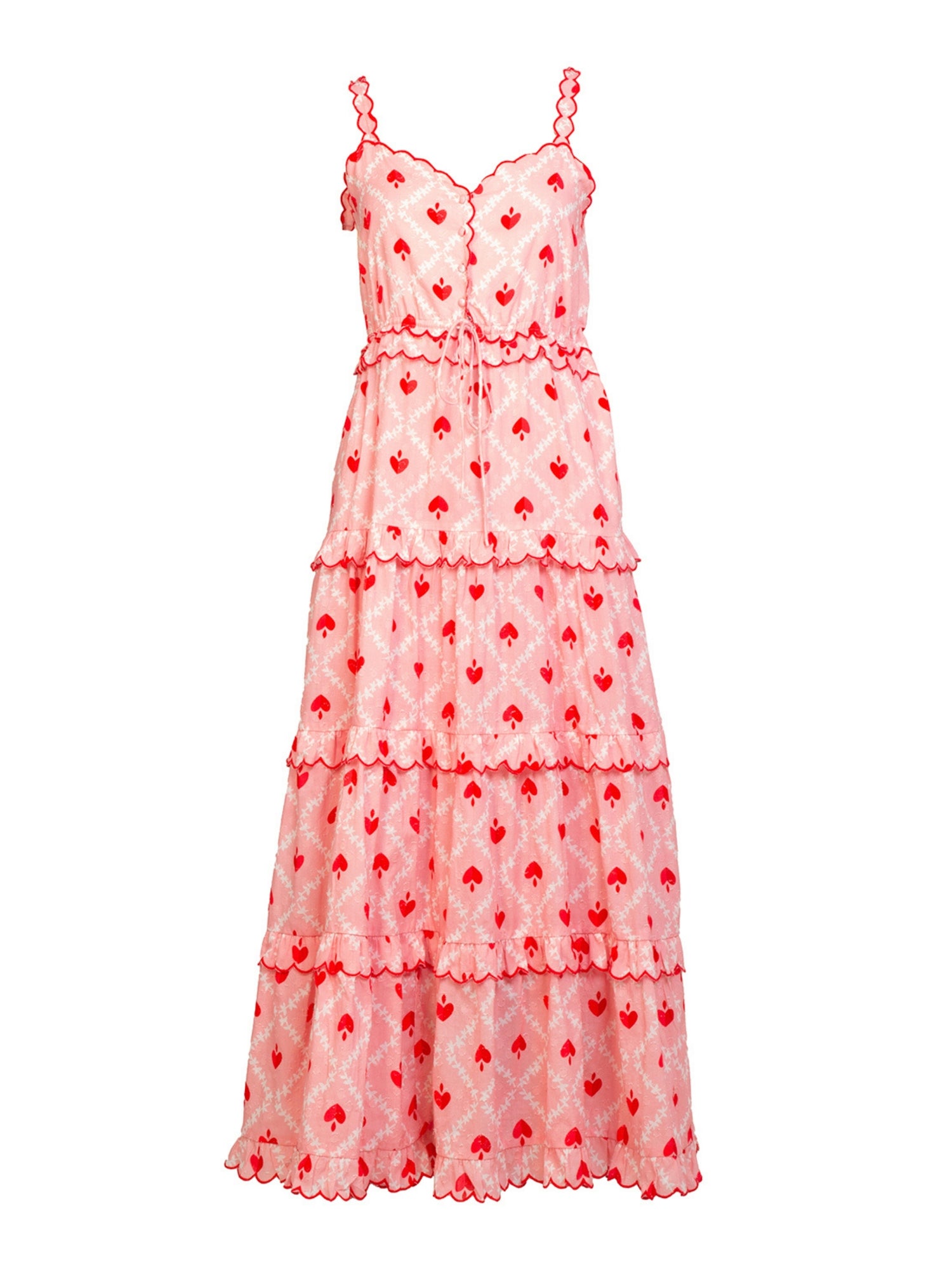 Alice Pink Red Heart Print Tiered Maxi Dress