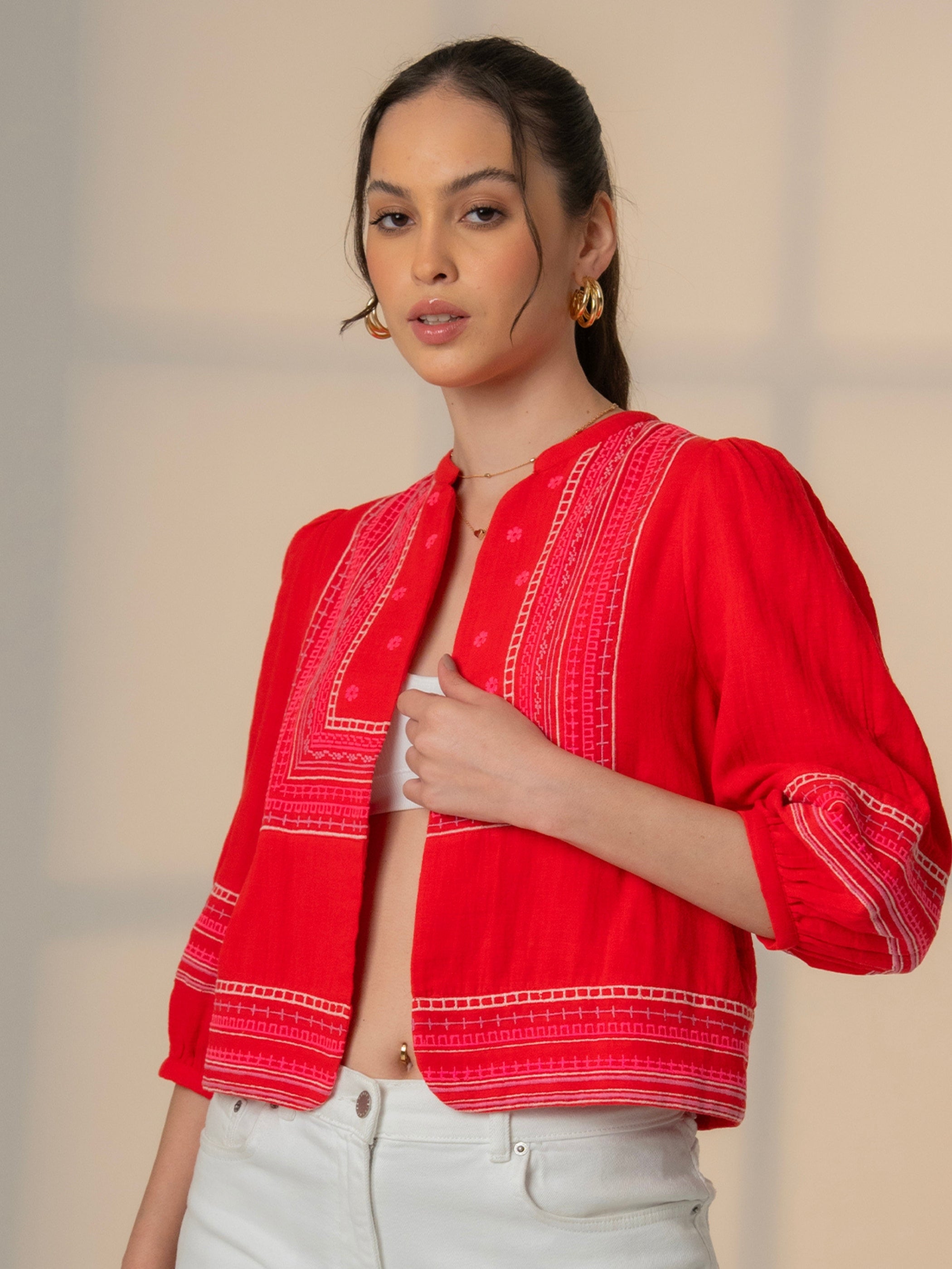 Florence Coral Red Embroidered Easy Throw-On Jacket