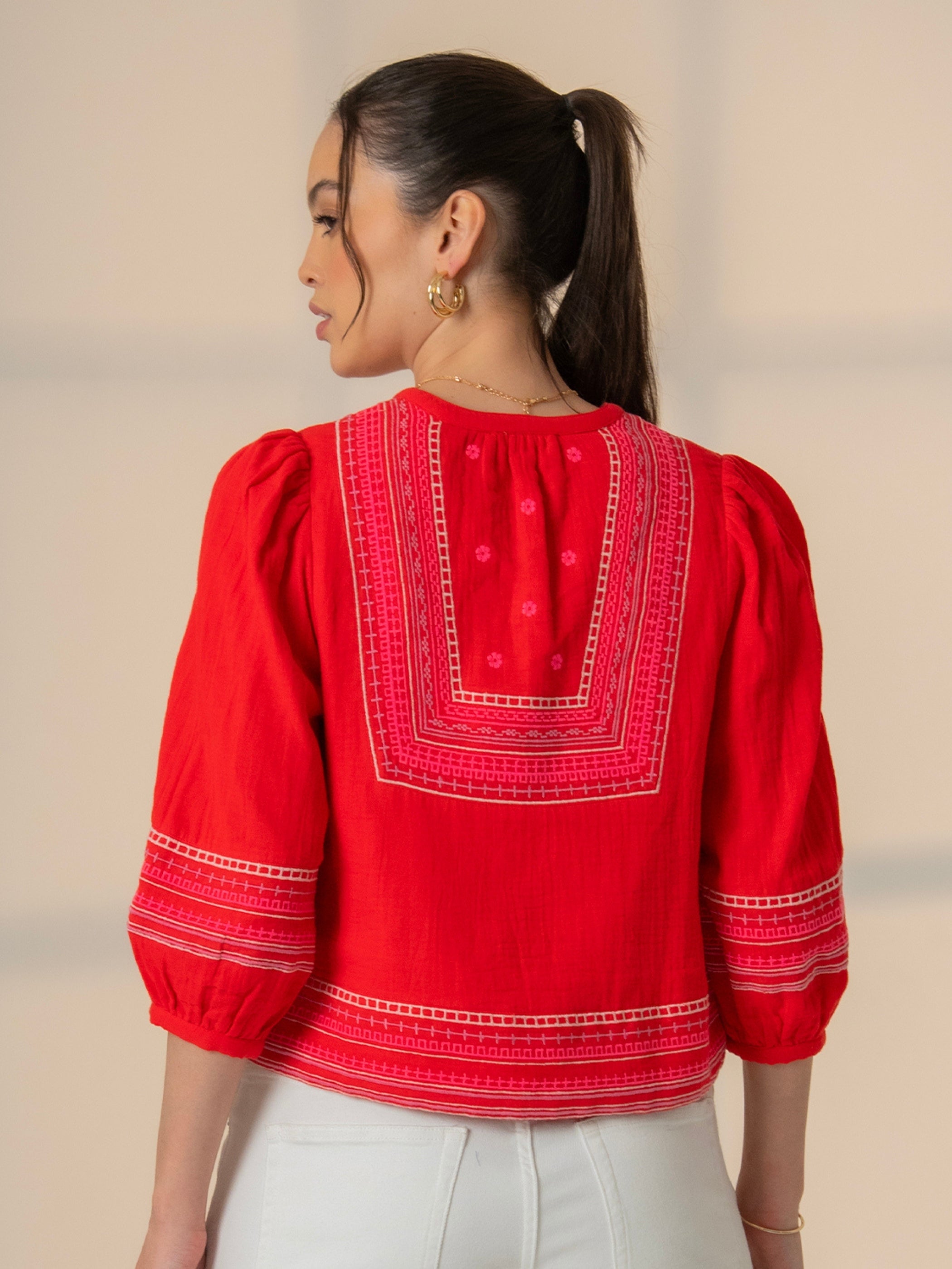 Florence Coral Red Embroidered Easy Throw-On Jacket