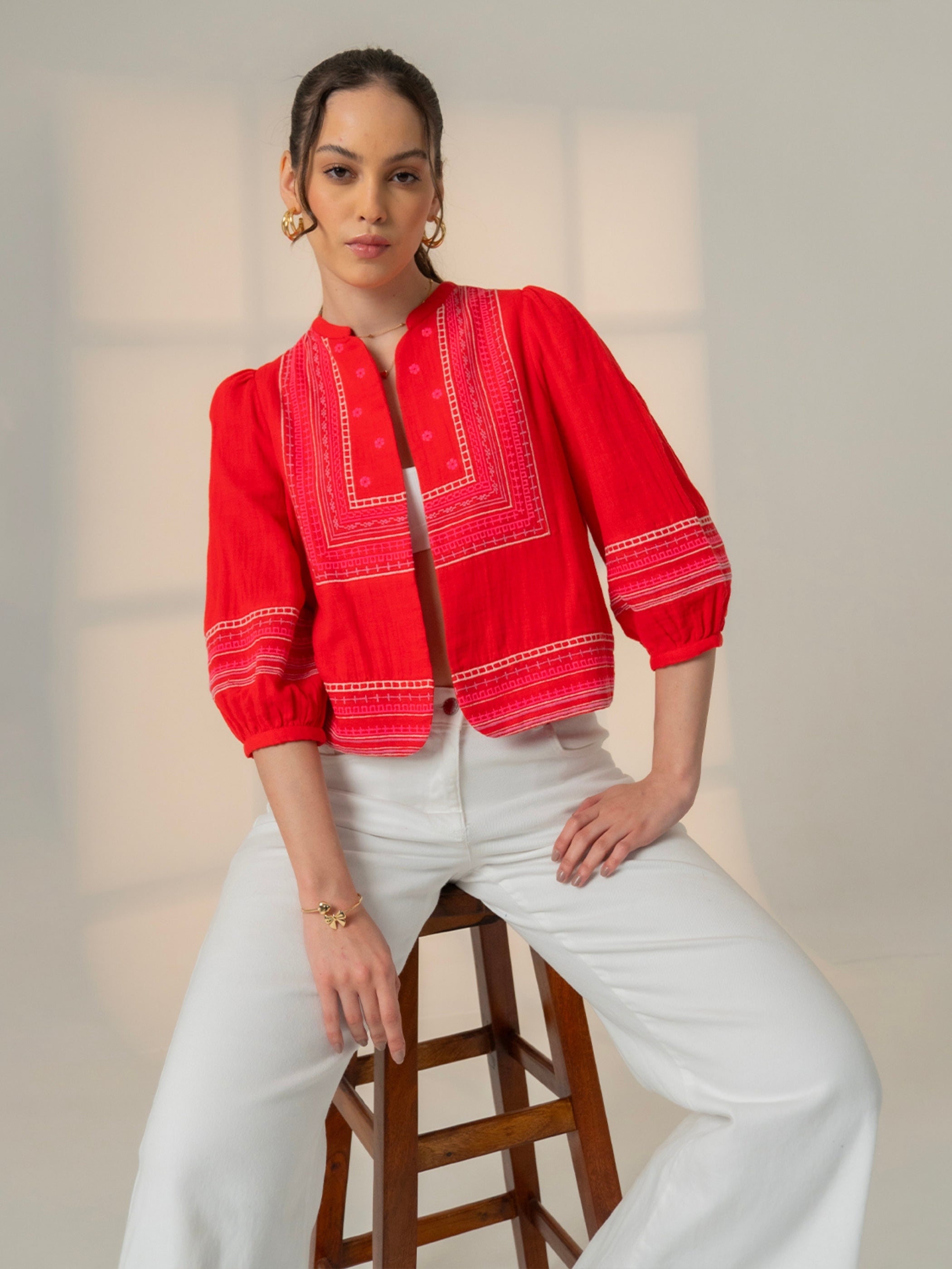 Florence Coral Red Embroidered Easy Throw-On Jacket