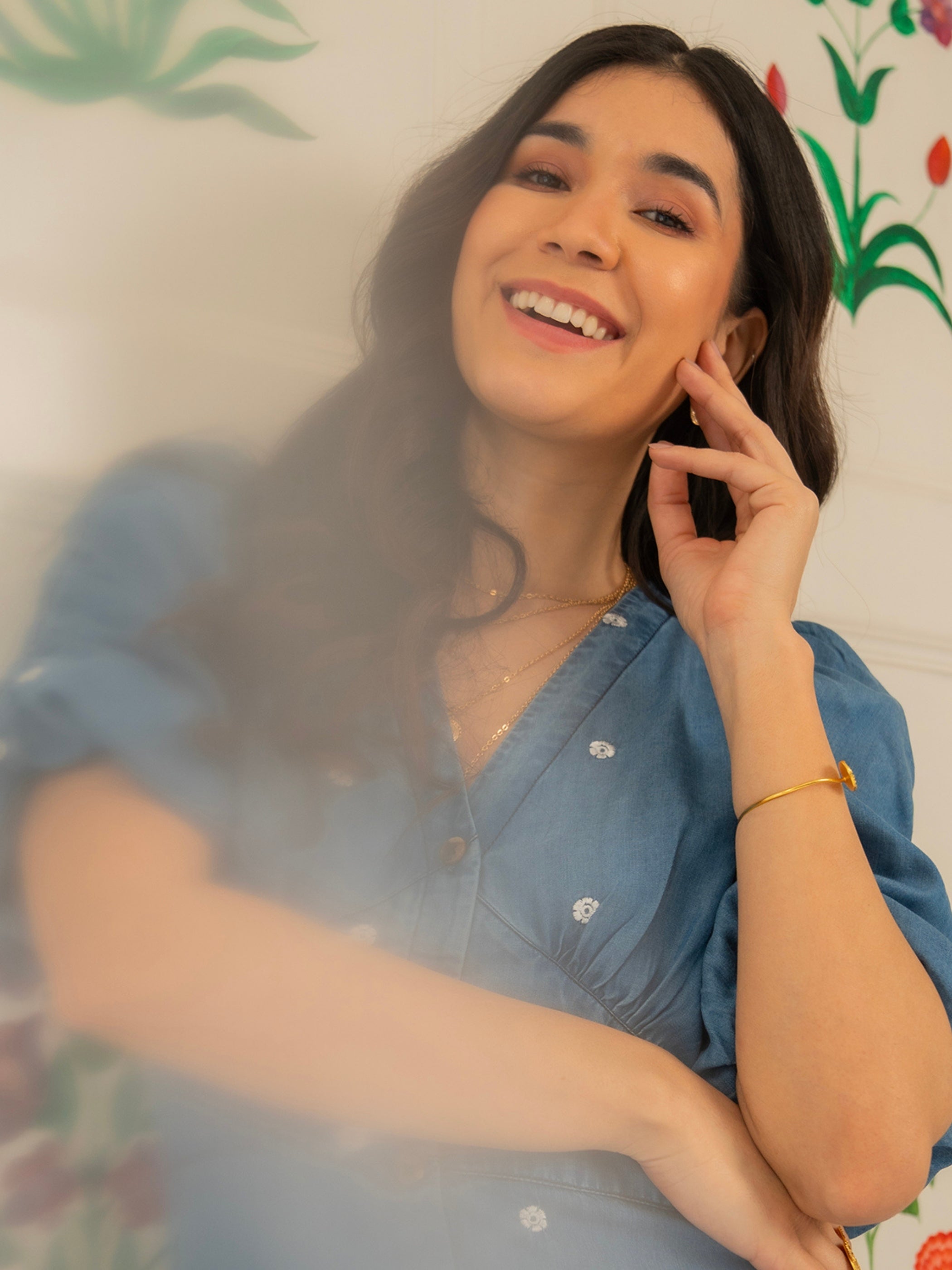 Mila Denim Tencel Daisy Embroidered Midi Dress