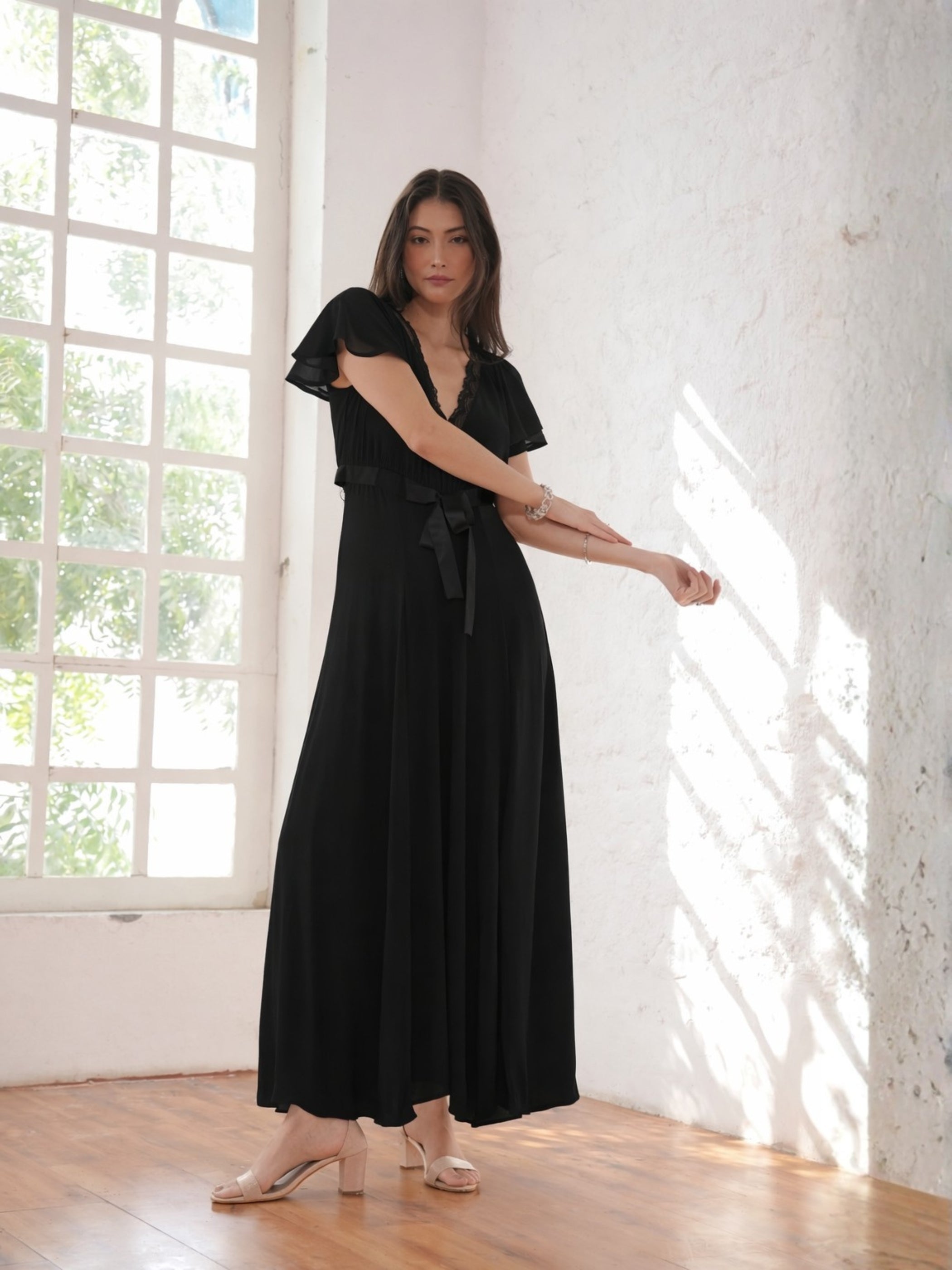 Chloe Black Lace Detail Tie Waist Maxi Dress