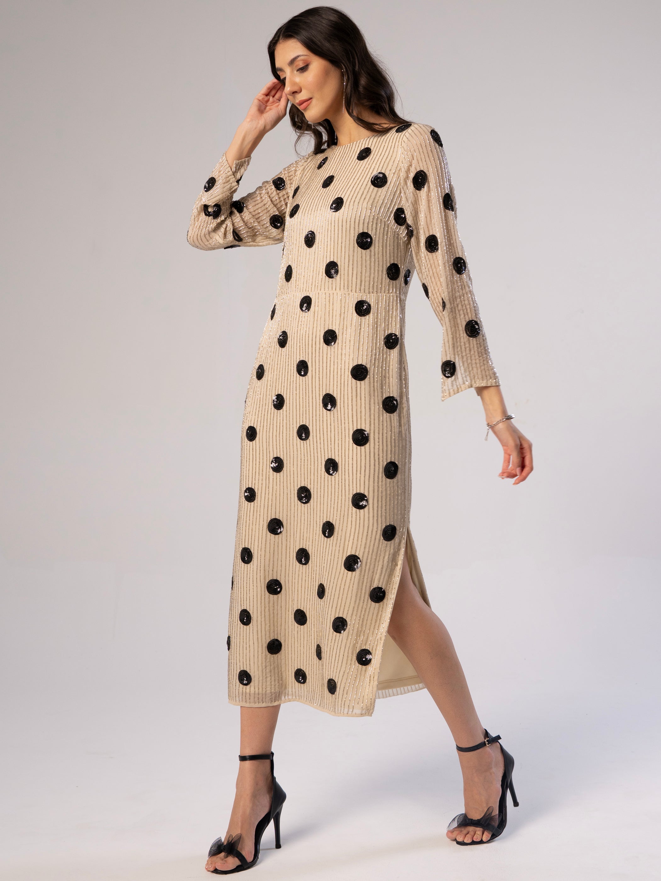 Merrin Ivory Polka Dot Hand Beaded Midi Dress