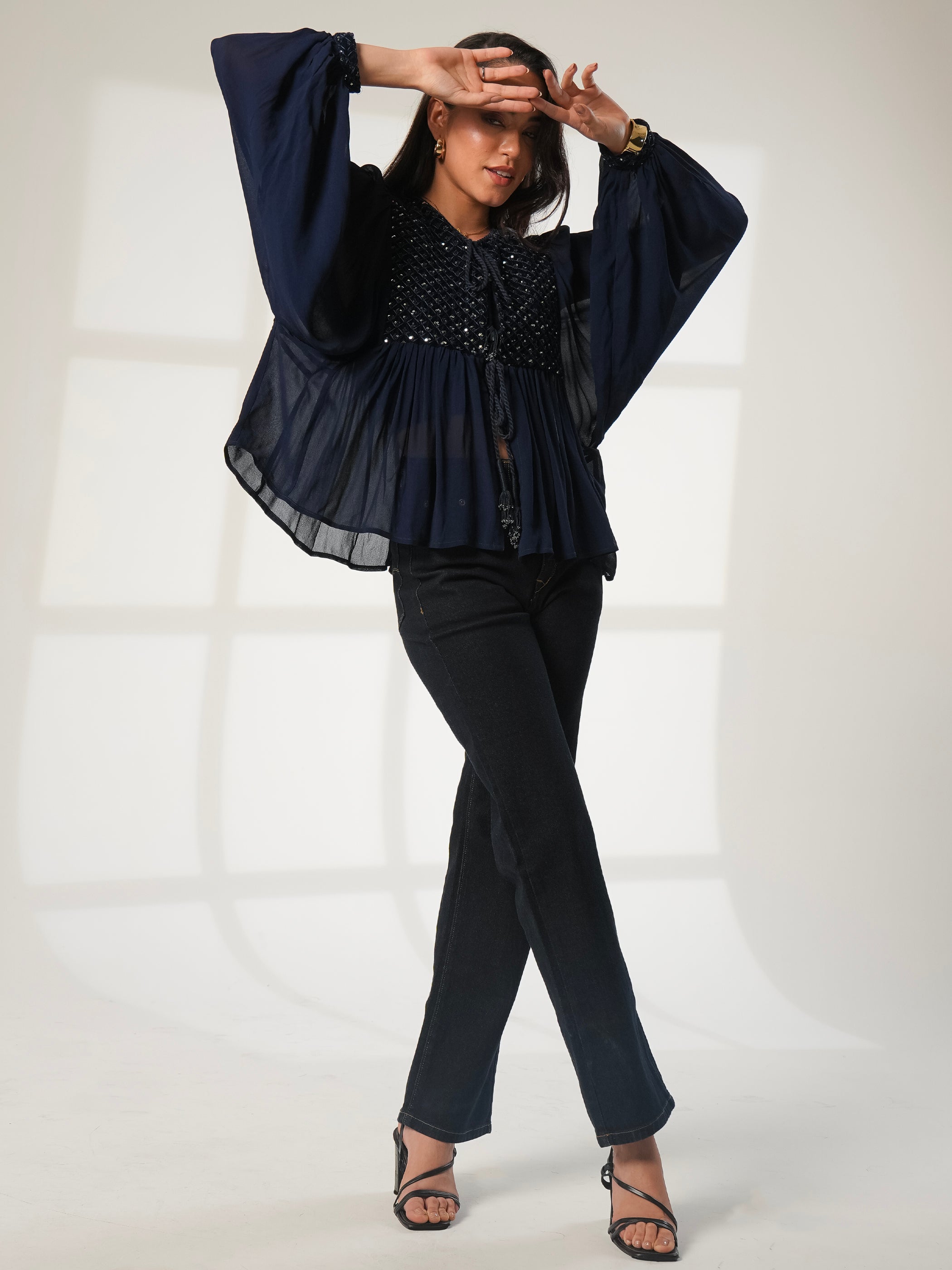 Arianna Dark Navy Velvet Sequin Panel throw-on tie Blouse