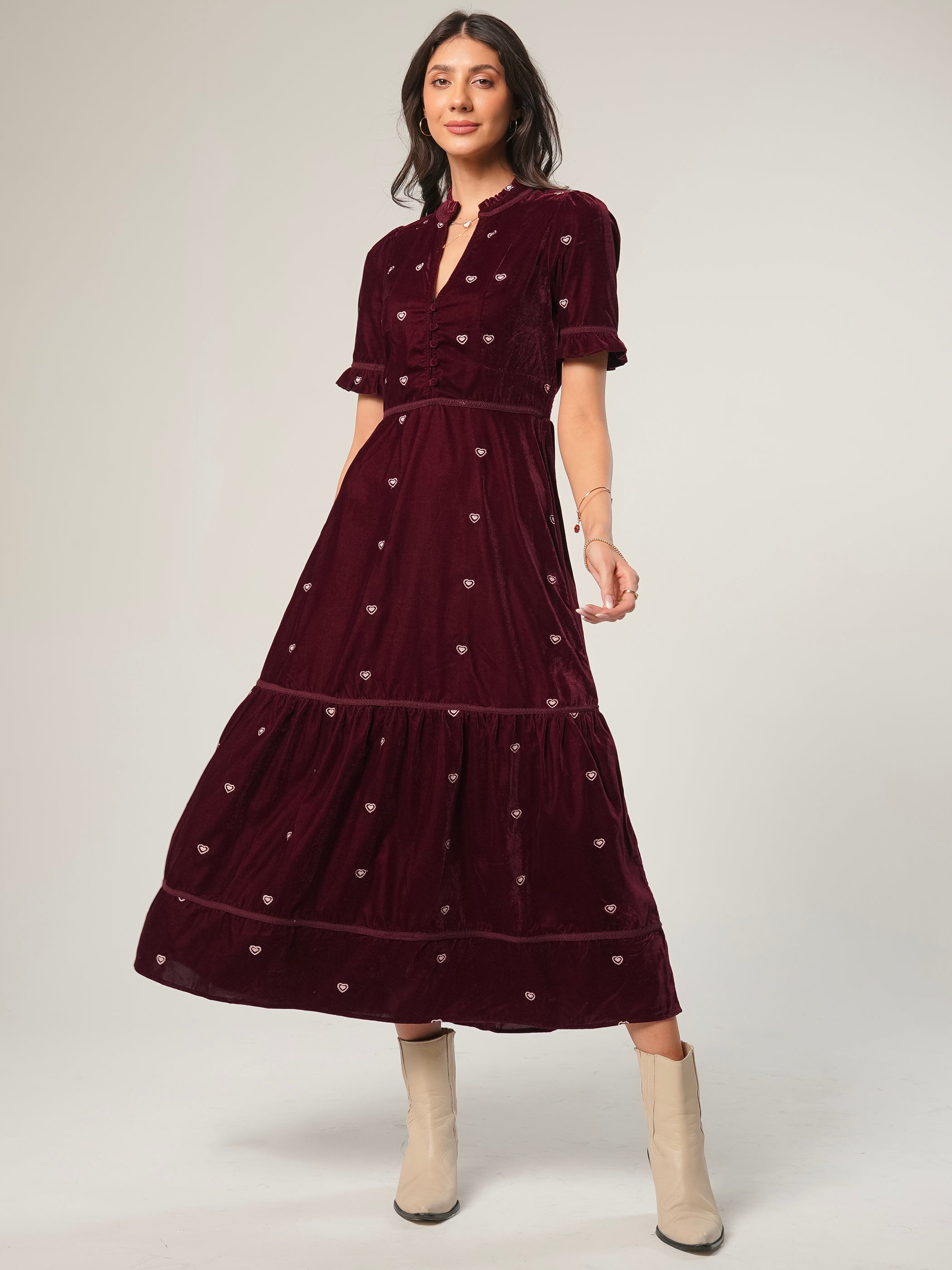 Sara Burgundy Heart Embroidered Velvet Dress