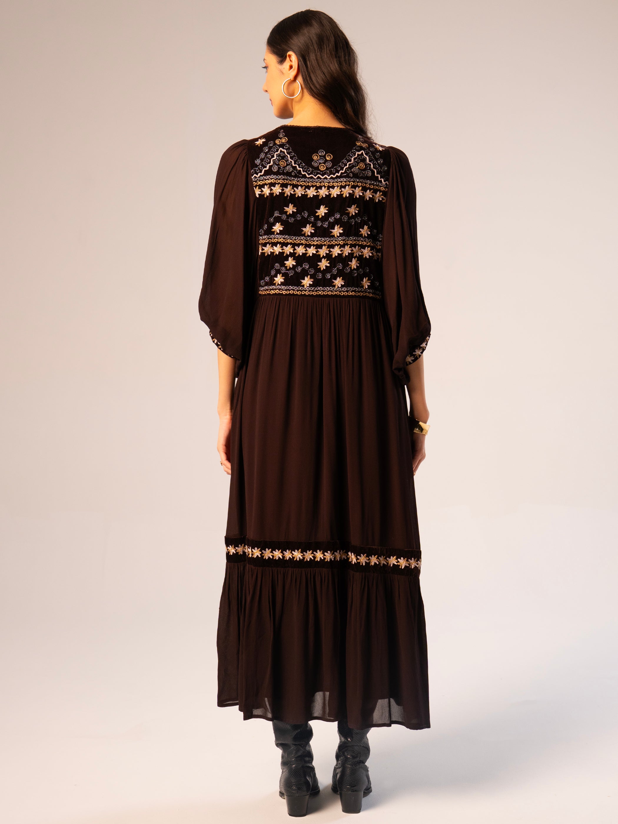 Arianna Chocolate Brown Velvet Embroidered Panel Maxi Dress