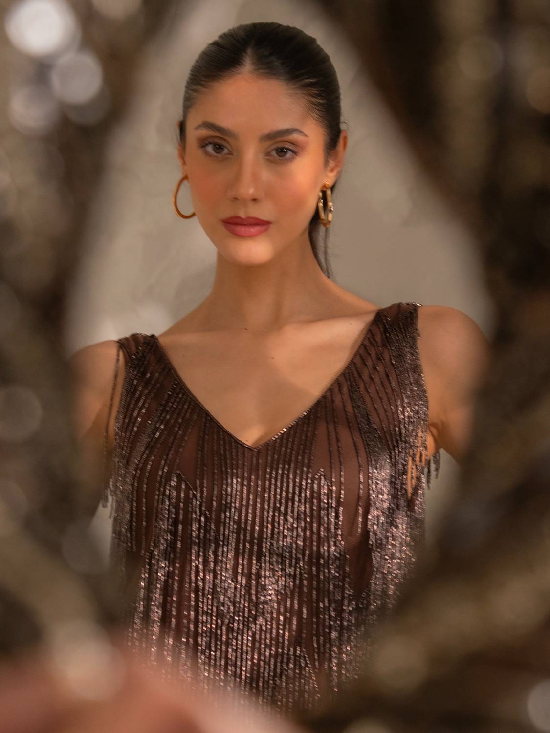 Sara Chocolate Beaded Fringe Mini Dress