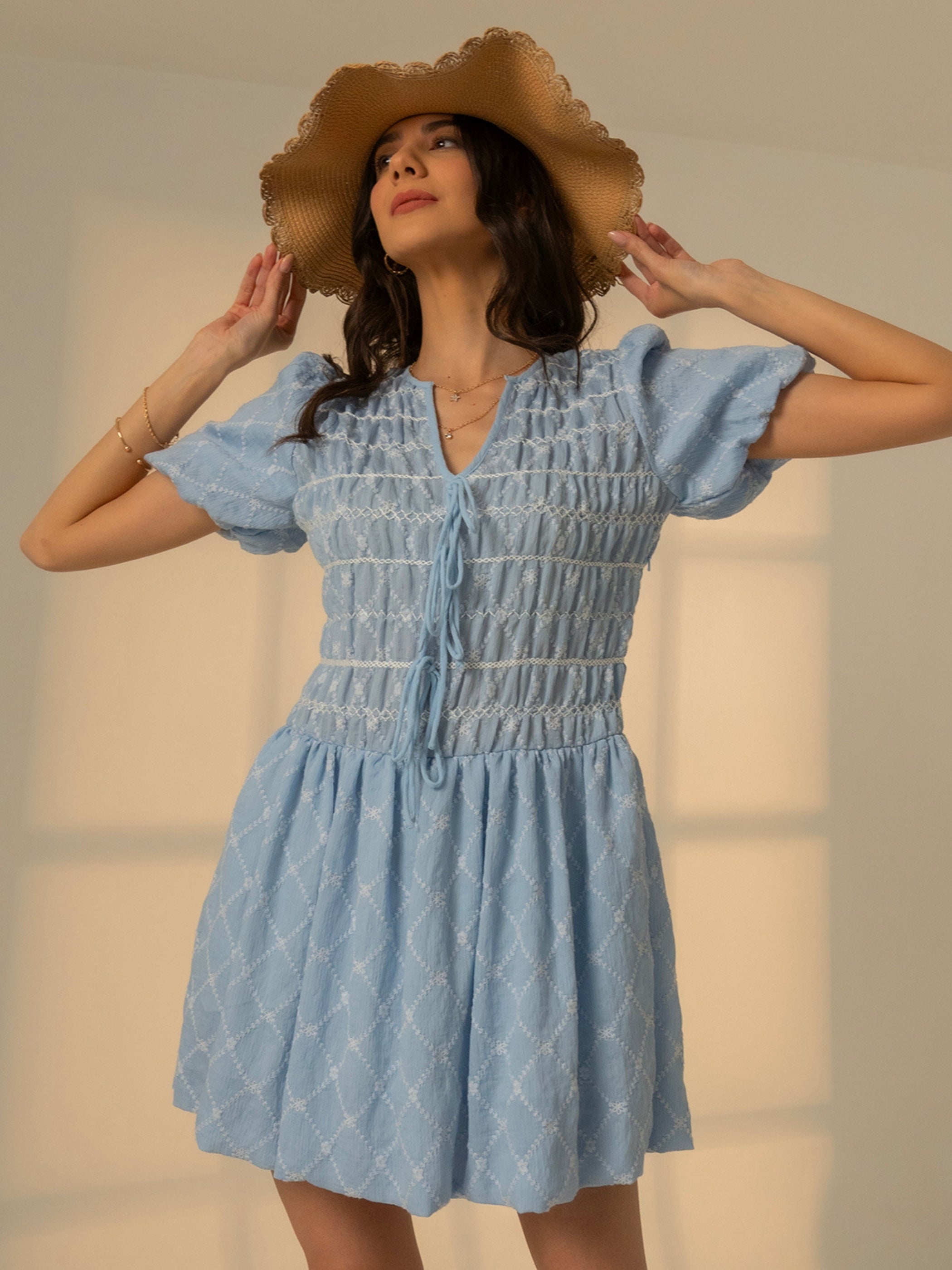 Belle Blue Embroidered Mini Dress