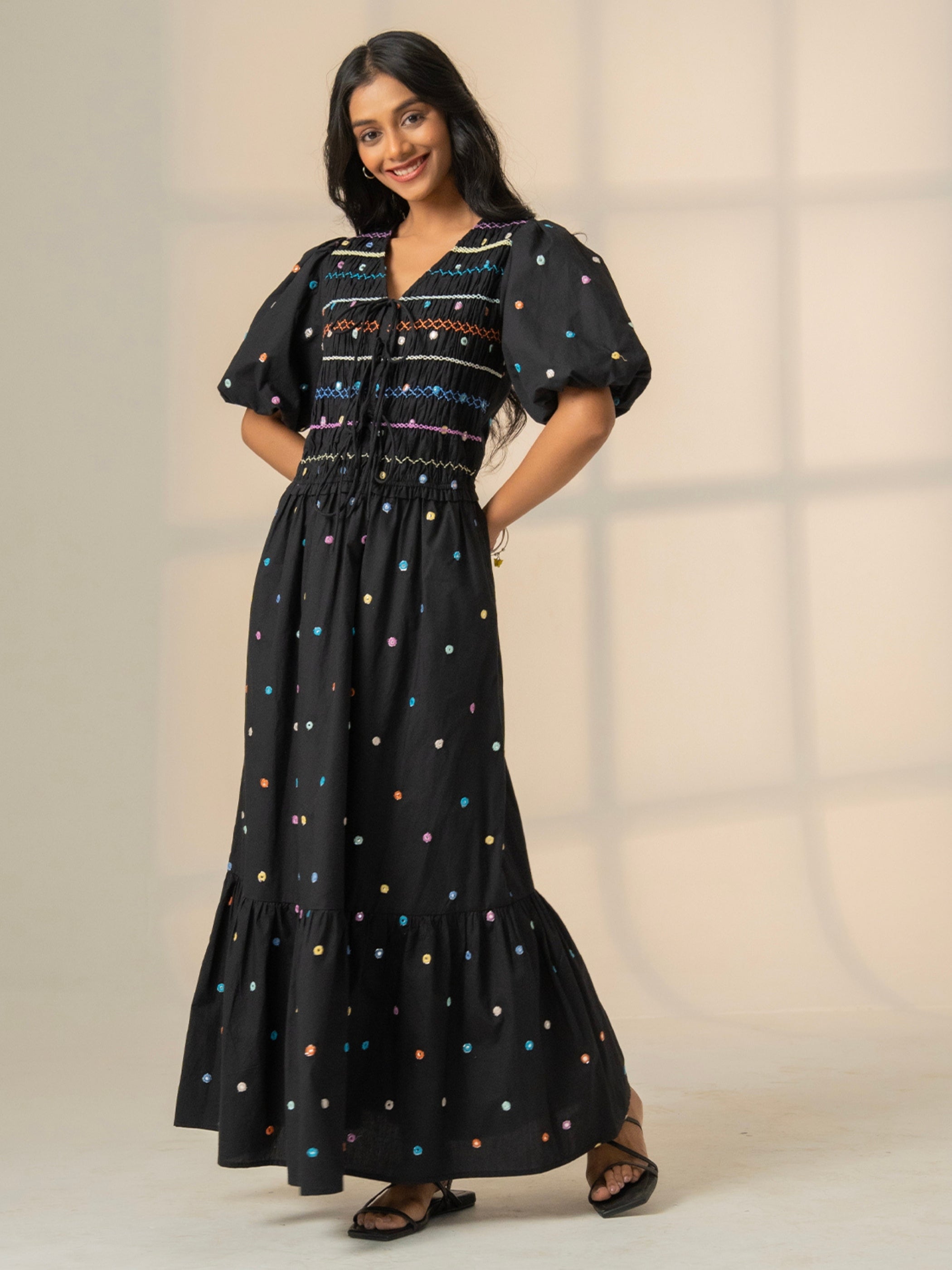 Eddie Black Multi Embroidered Smocked Maxi Dress