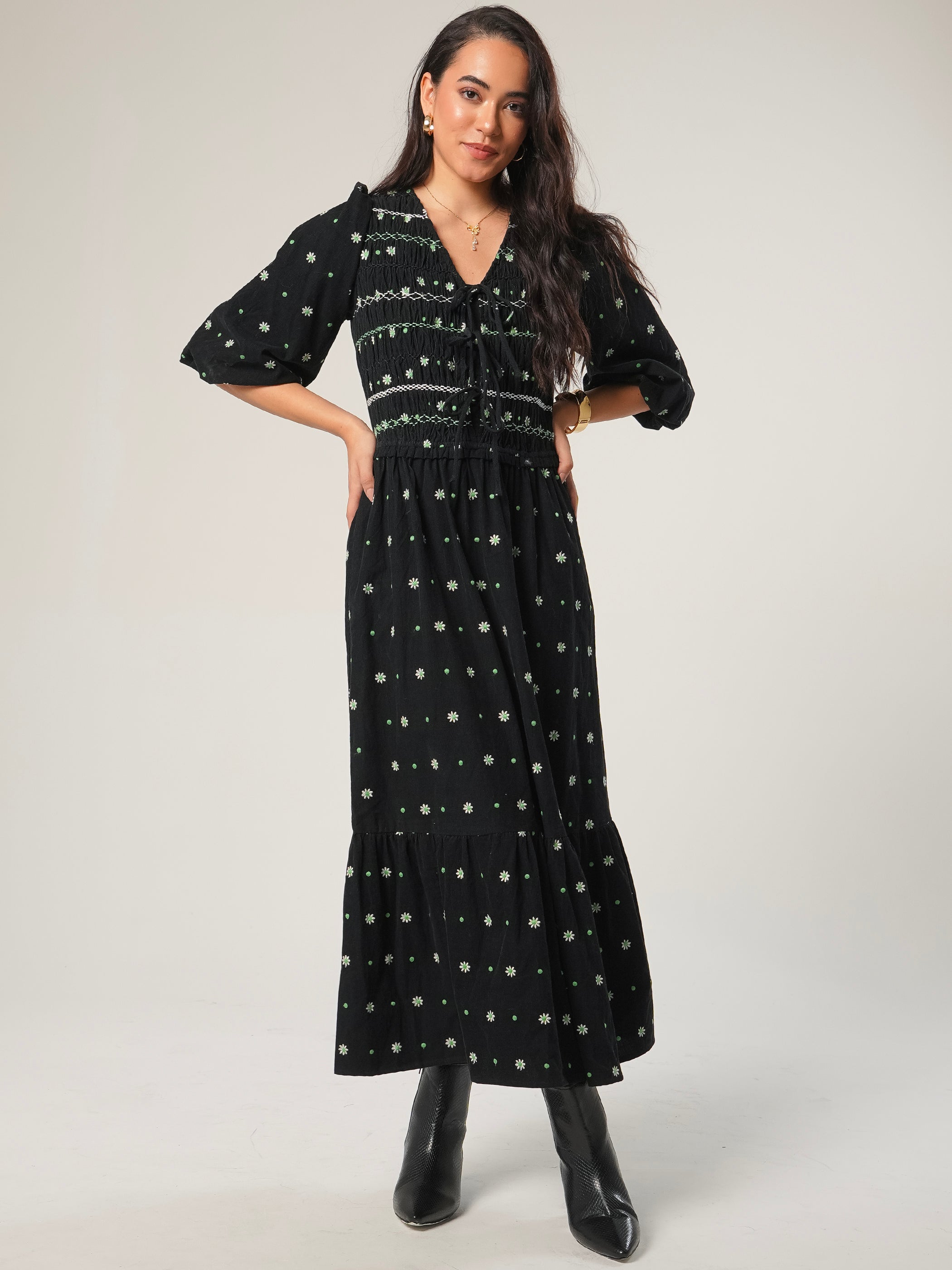 Eddie Black Cord Embroidered Polka Dot Maxi Dress