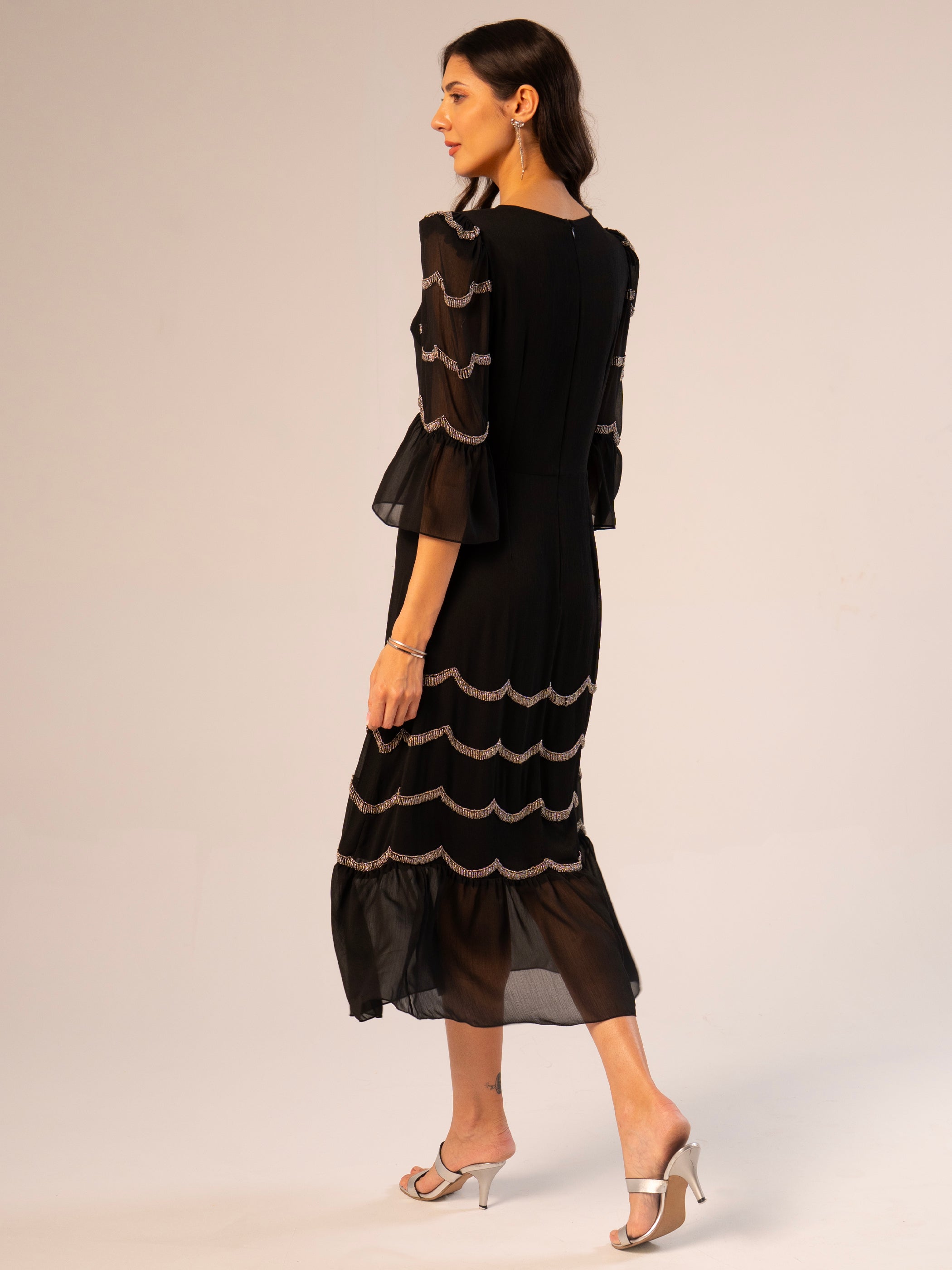 Georgie Black and Silver Scallop Bead Midi Dress