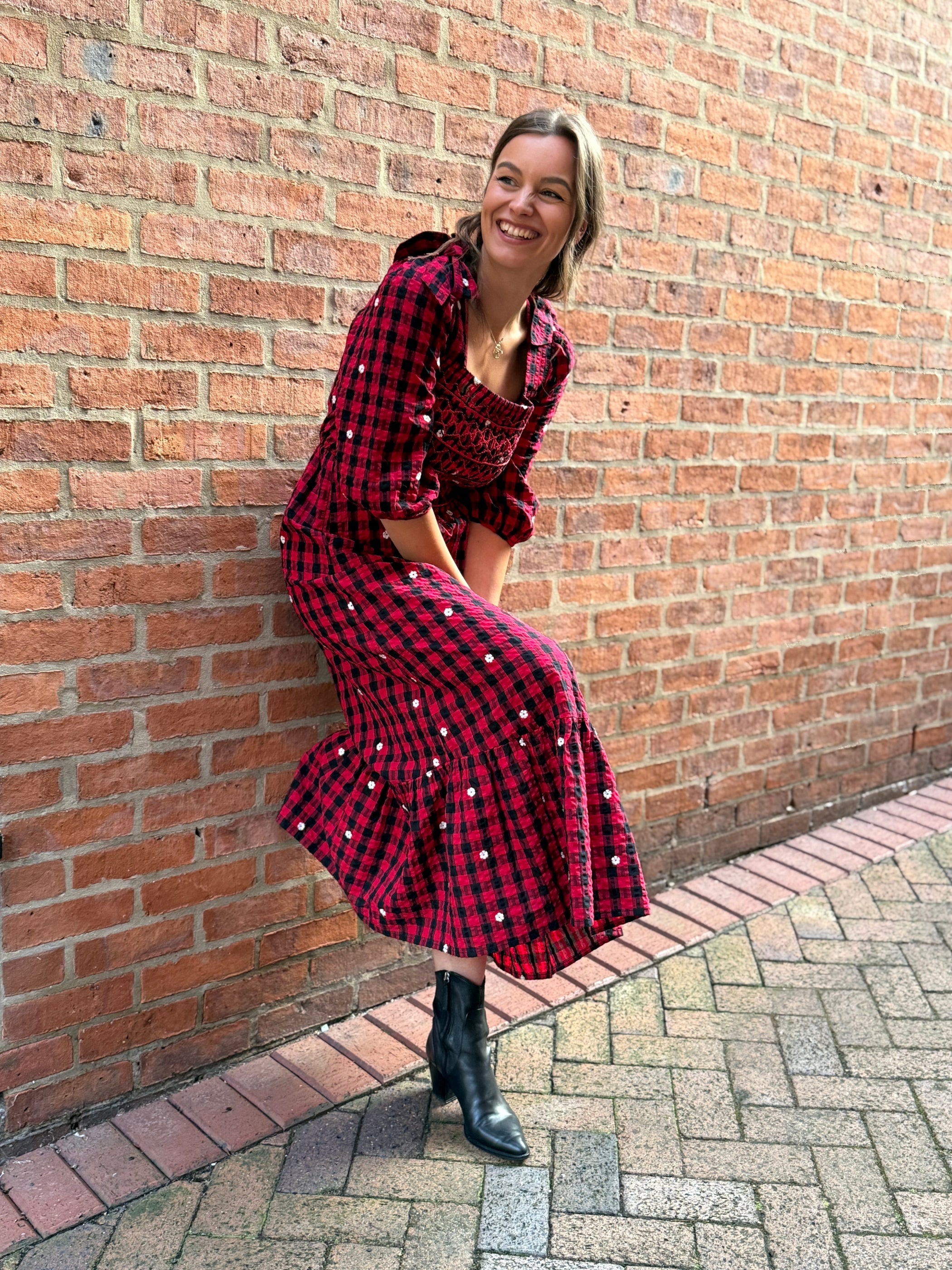 Steffi Red and Black Daisy Embroidered Check Maxi Dress