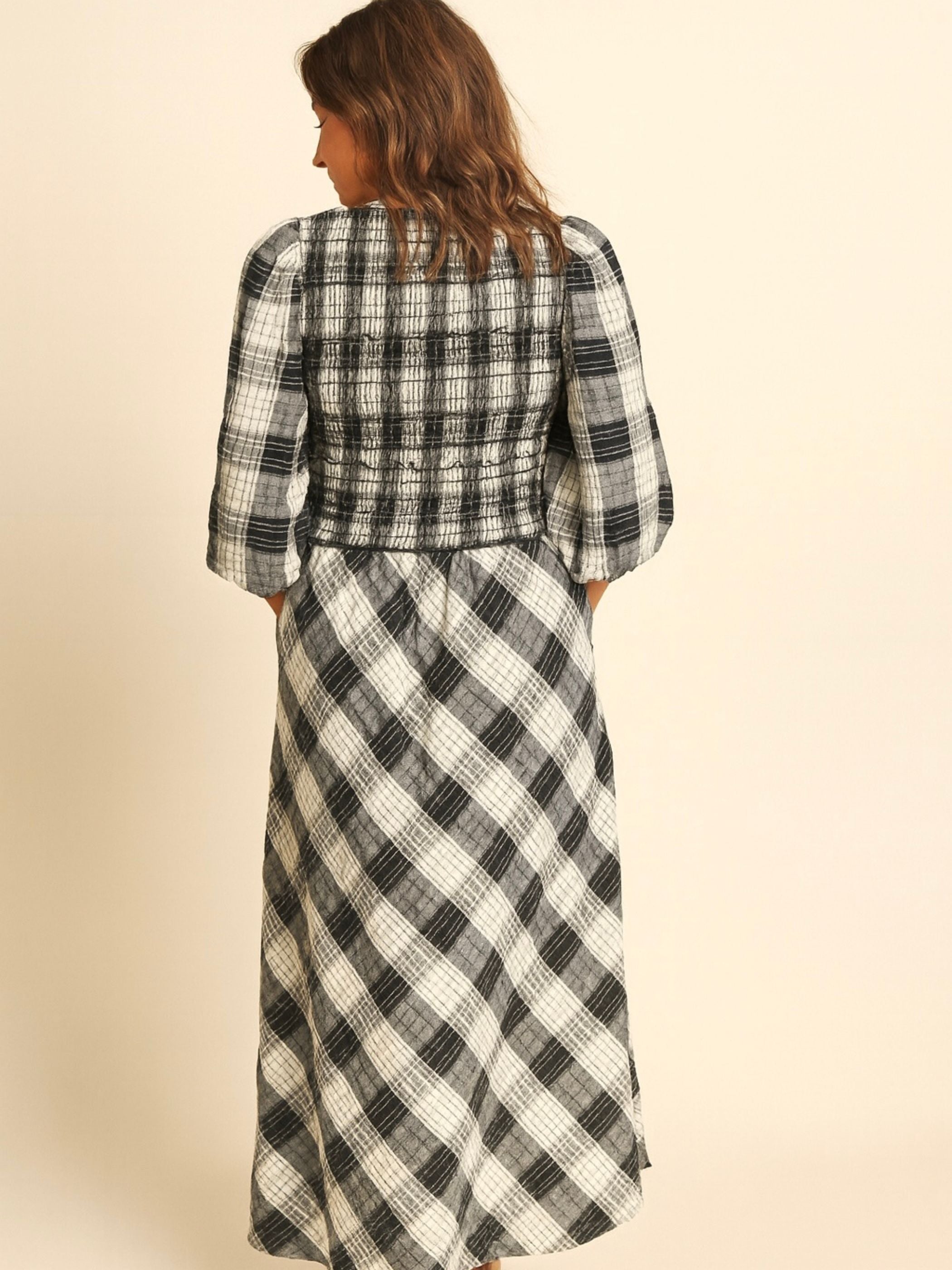 Nella Black and White Check Smocked Midi Dress