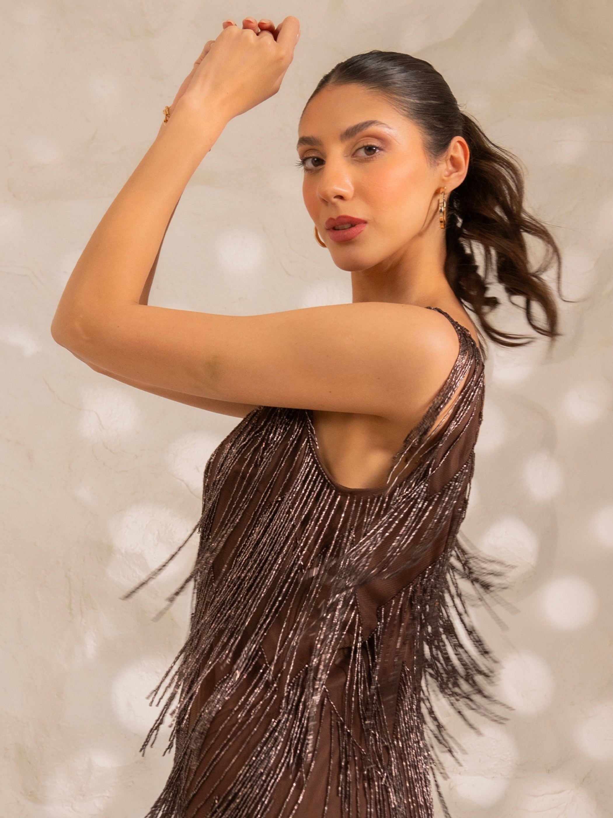 Sara Chocolate Beaded Fringe Mini Dress